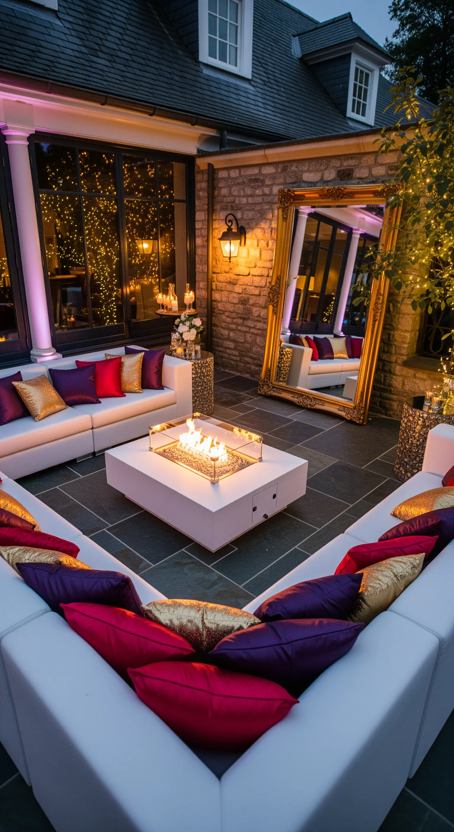 Patio serale con divano a U, braciere centrale e un enorme specchio dorato che riflette le luci.