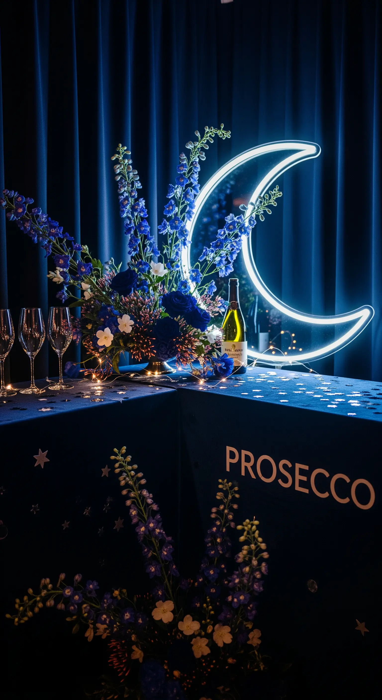 Angolo prosecco a tema notte con tovaglia blu, fiori blu e un neon a forma di luna.