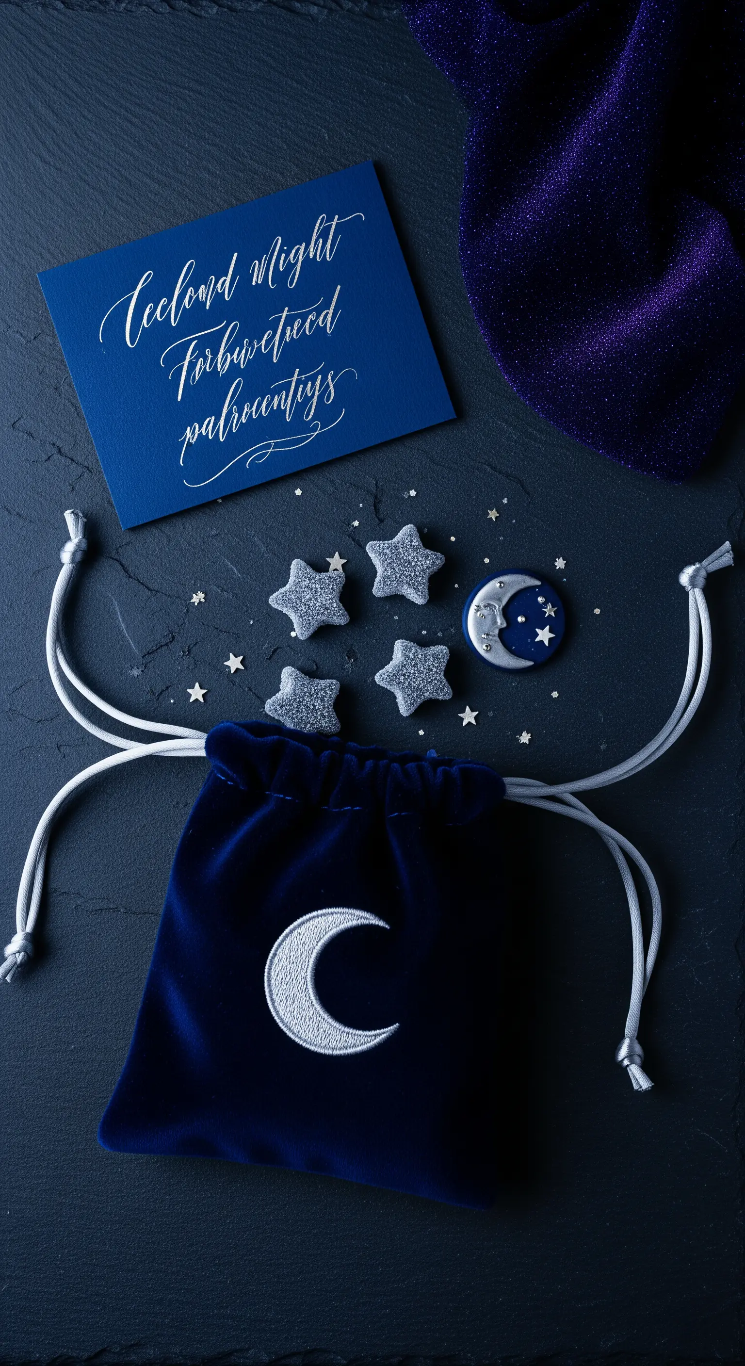 Sacchetto in velluto blu con ricamo di luna, circondato da stelle glitterate e un biglietto.