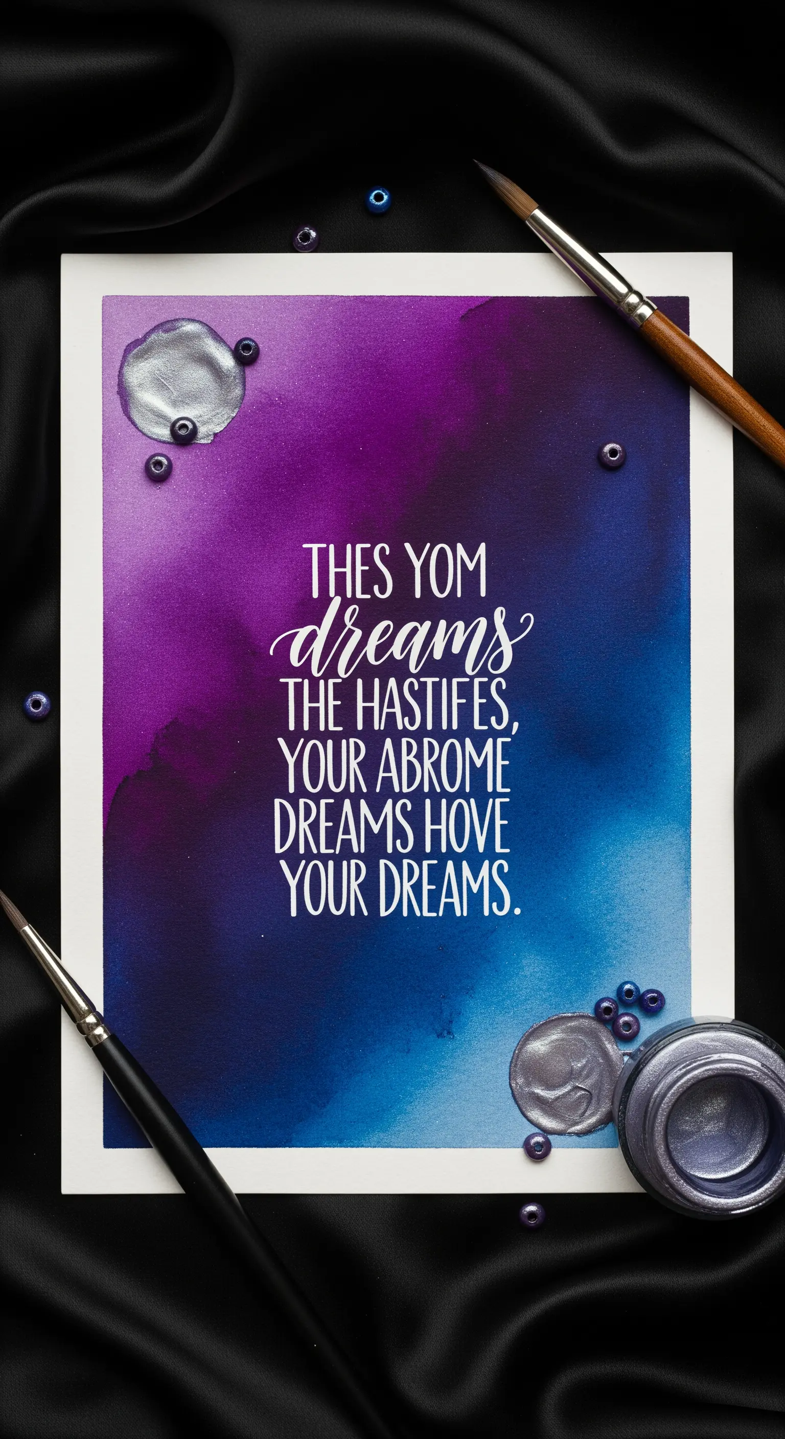 Dettaglio di un acquerello nei toni del blu e viola con calligrafia bianca e gocce argentate.