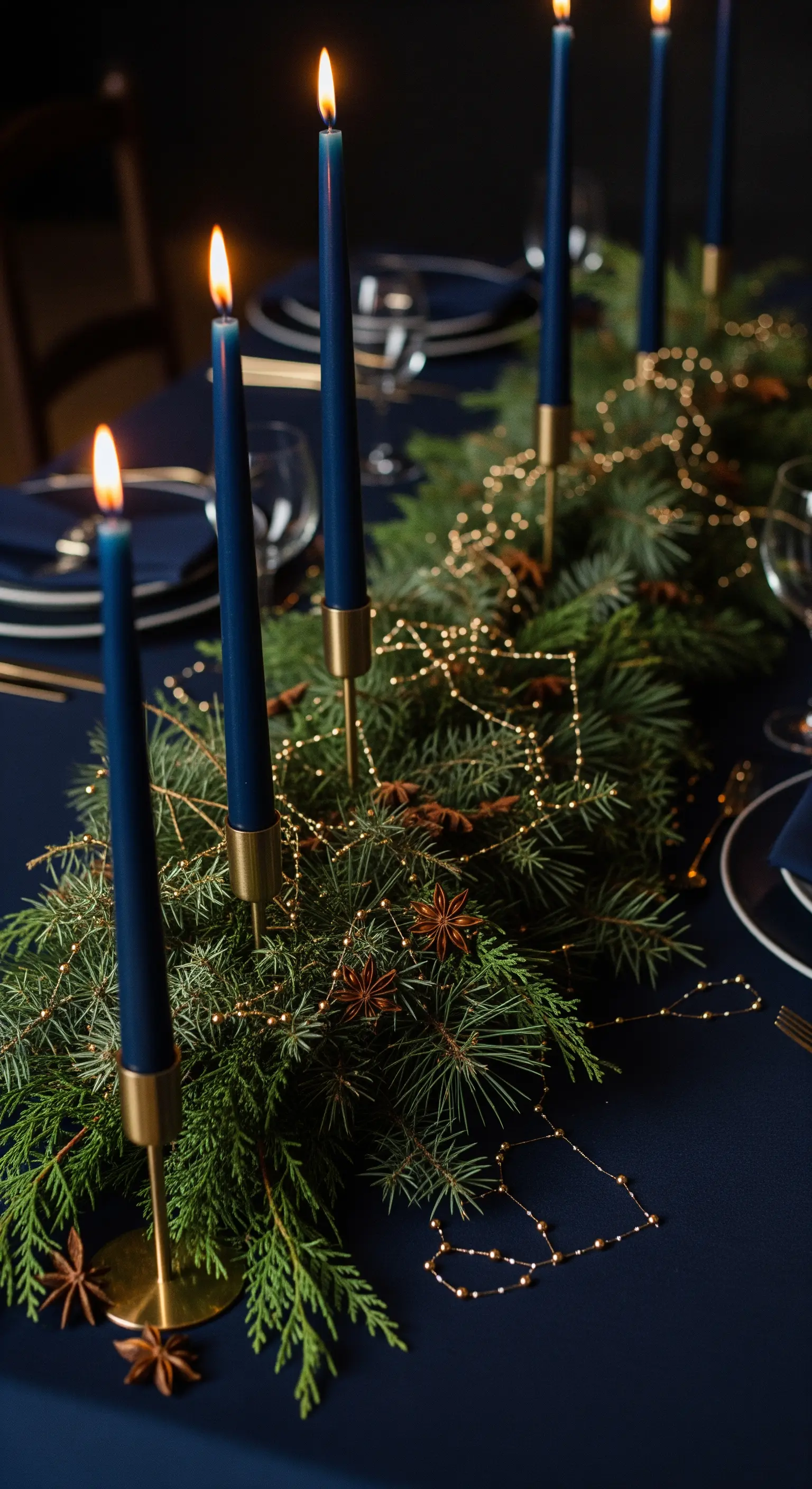 Centrotavola con candele blu notte, pino e decorazioni dorate su tovaglia blu.