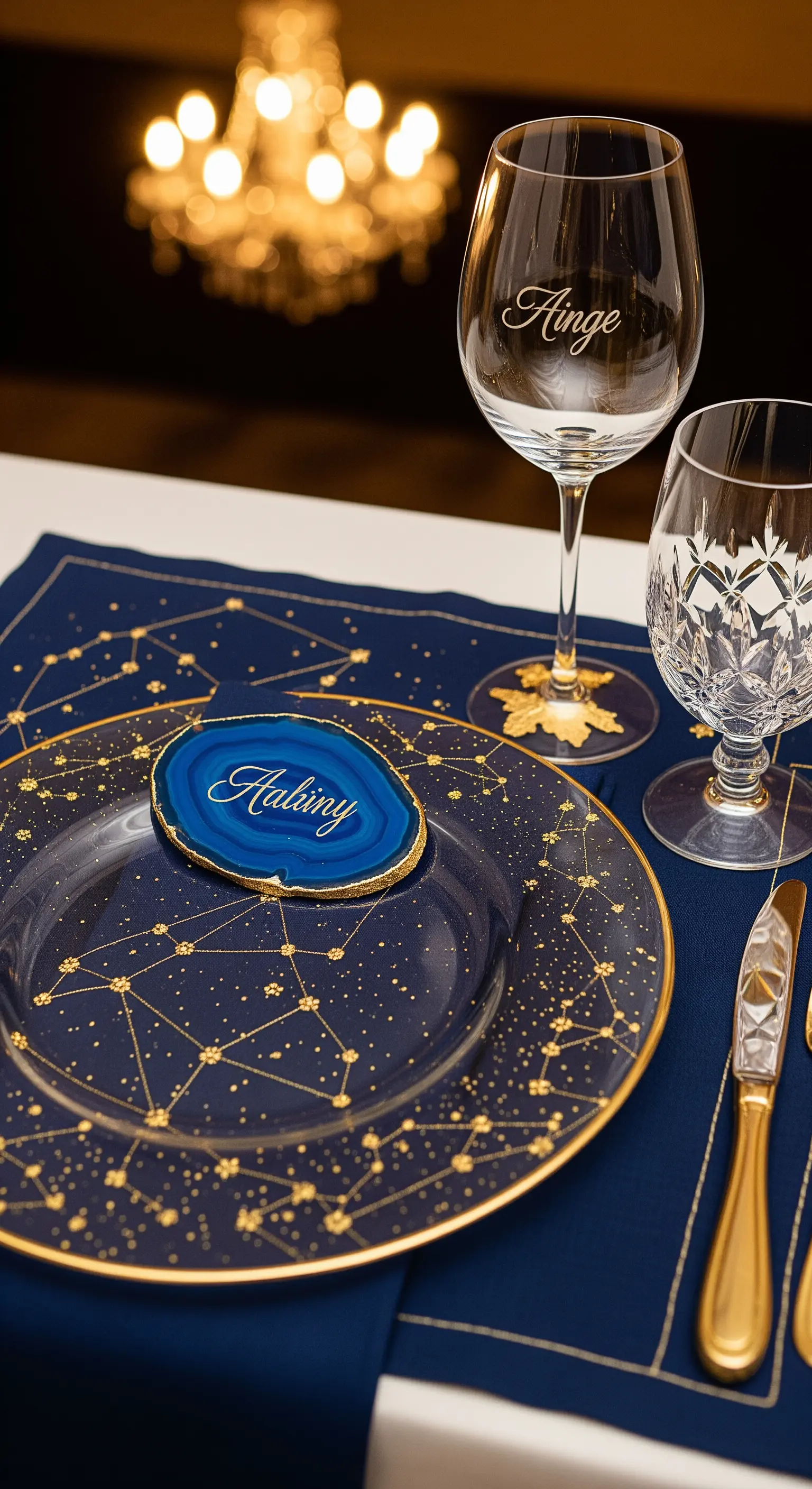 Tavola elegante a tema stelle con piatti blu e oro e segnaposto in agata