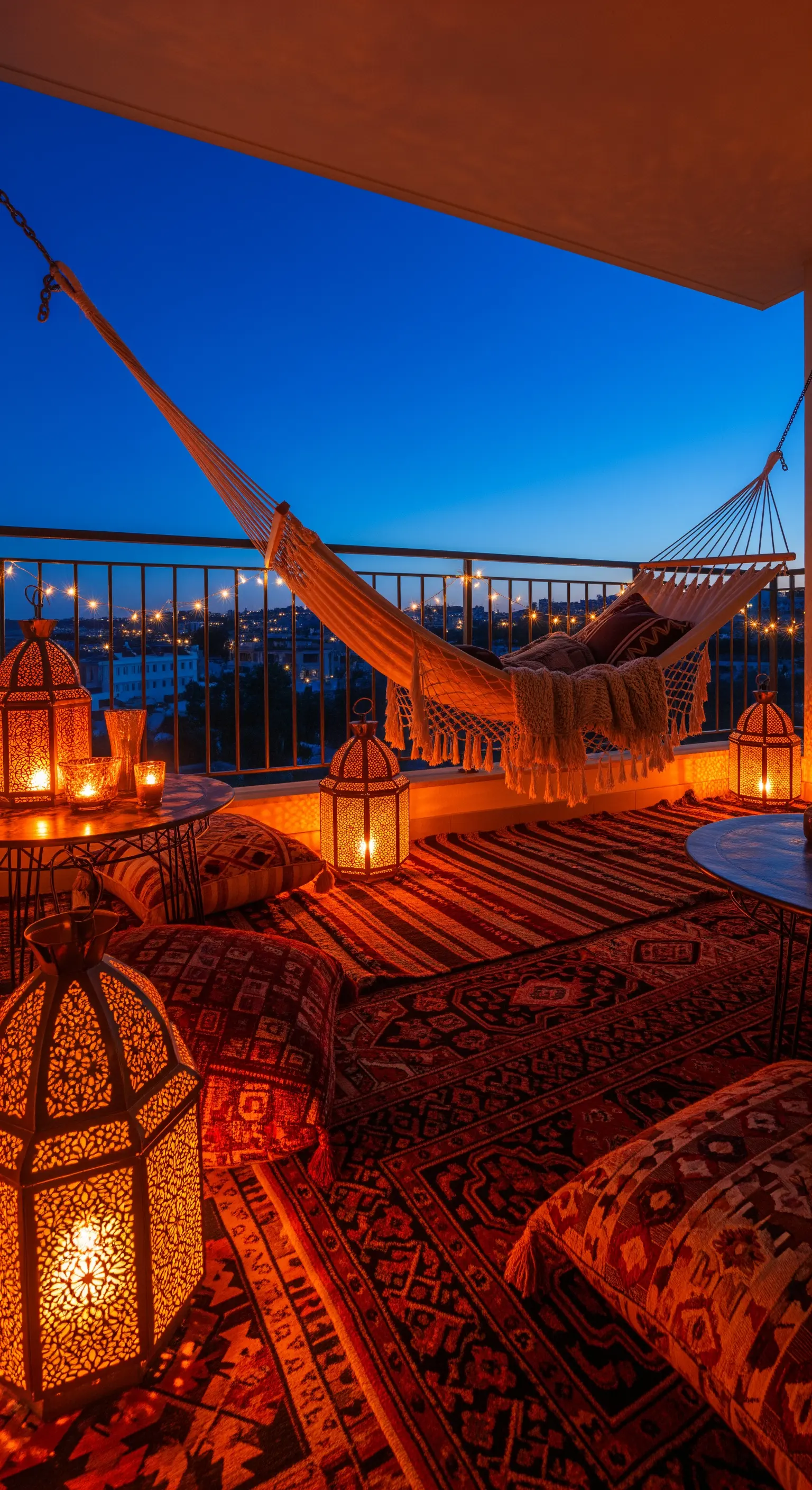 Balcone di notte con amaca, tappeti kilim rossi e decine di lanterne marocchine accese.