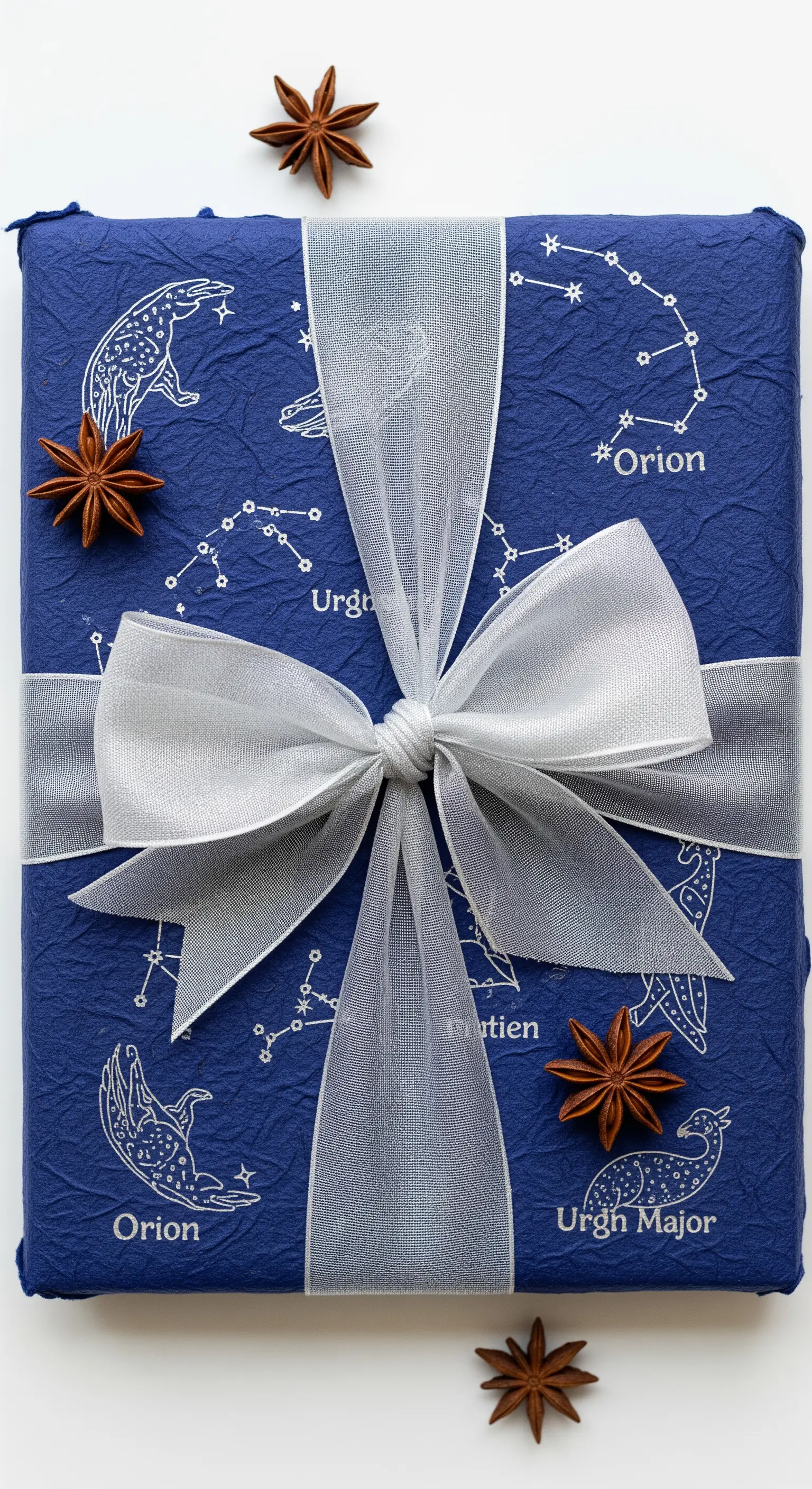 Regalo incartato in carta blu con costellazioni, nastro d'argento e anice stellato.