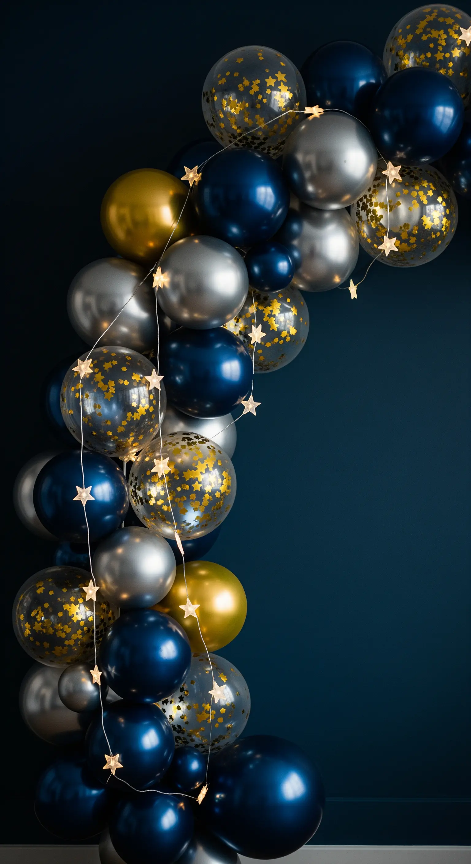 Dettaglio di un arco di palloncini blu, argento e oro, intrecciato con lucine a LED.
