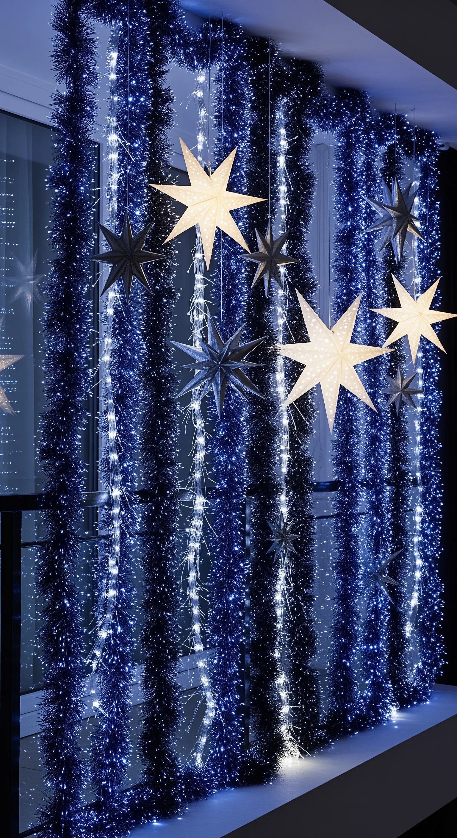 Balcone con una parete di festoni blu e luci a cascata, decorato con stelle di carta sospese