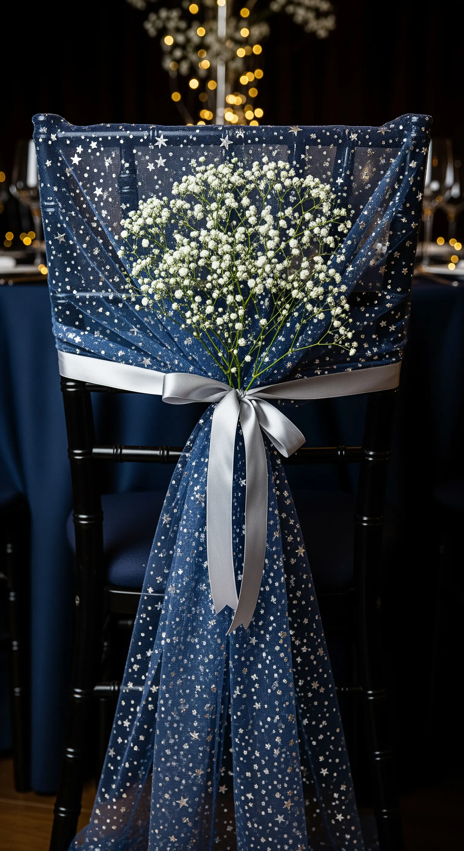 Sedia nera con un coprisedia in tulle blu stellato, nastro d'argento e un mazzo di gypsophila.