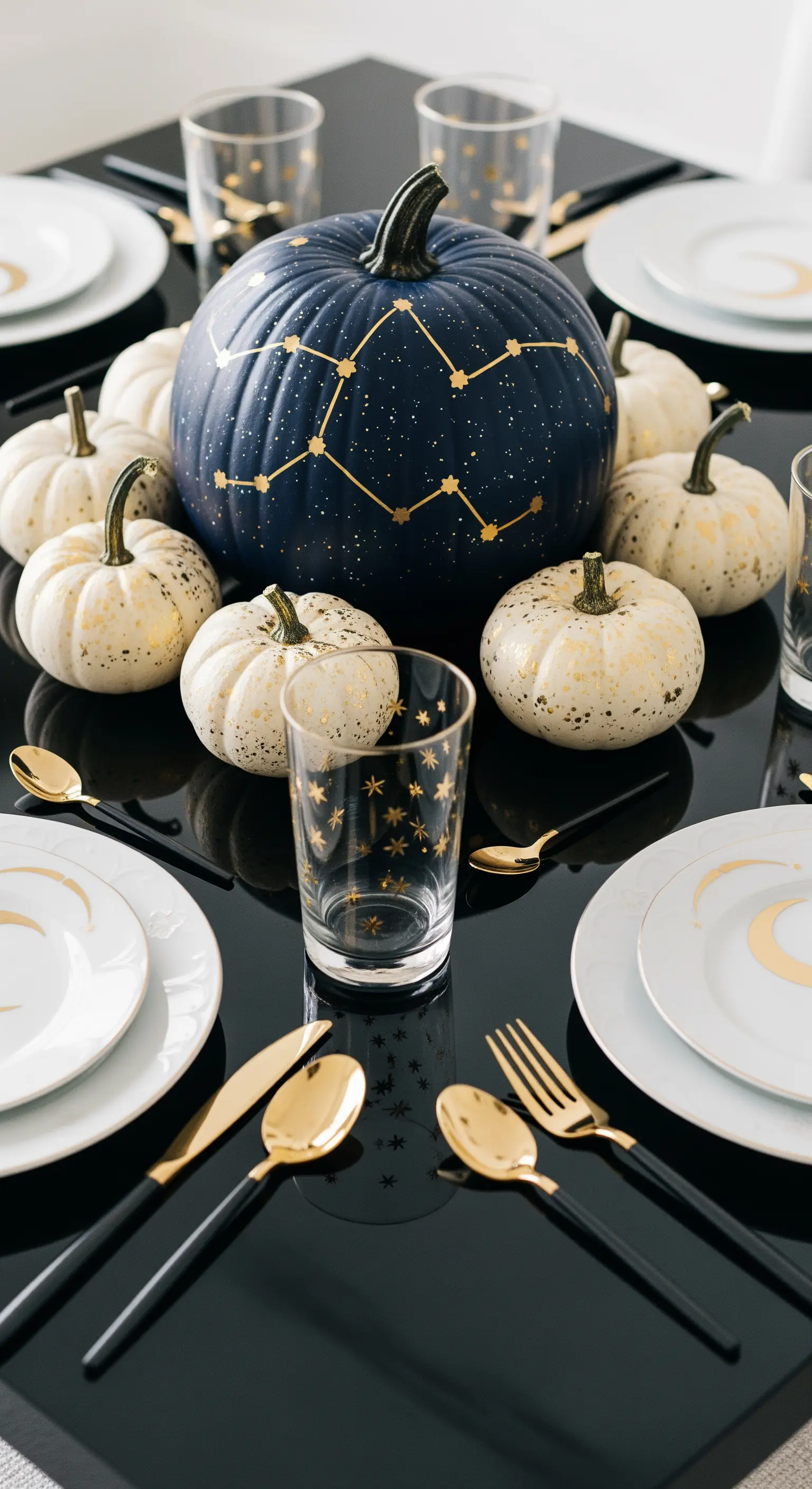 Centrotavola con zucca blu dipinta con costellazioni dorate e zucche bianche più piccole.