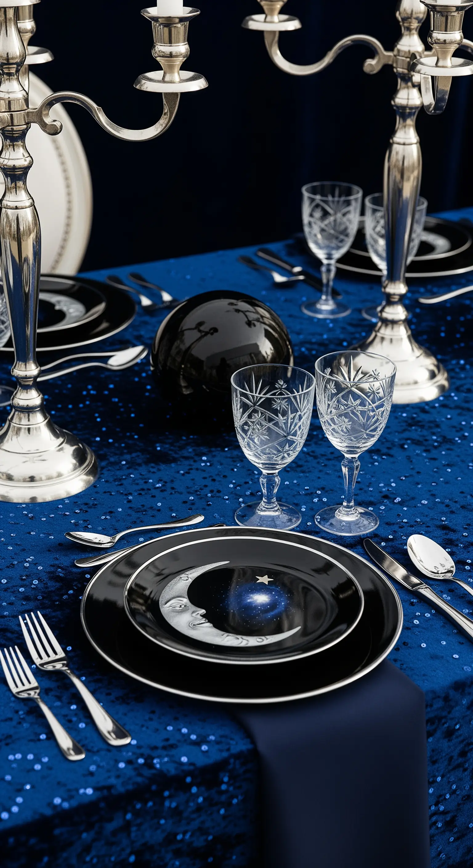 Tavola a tema celestiale con tovaglia blu, piatti con la luna e candelabri d'argento.
