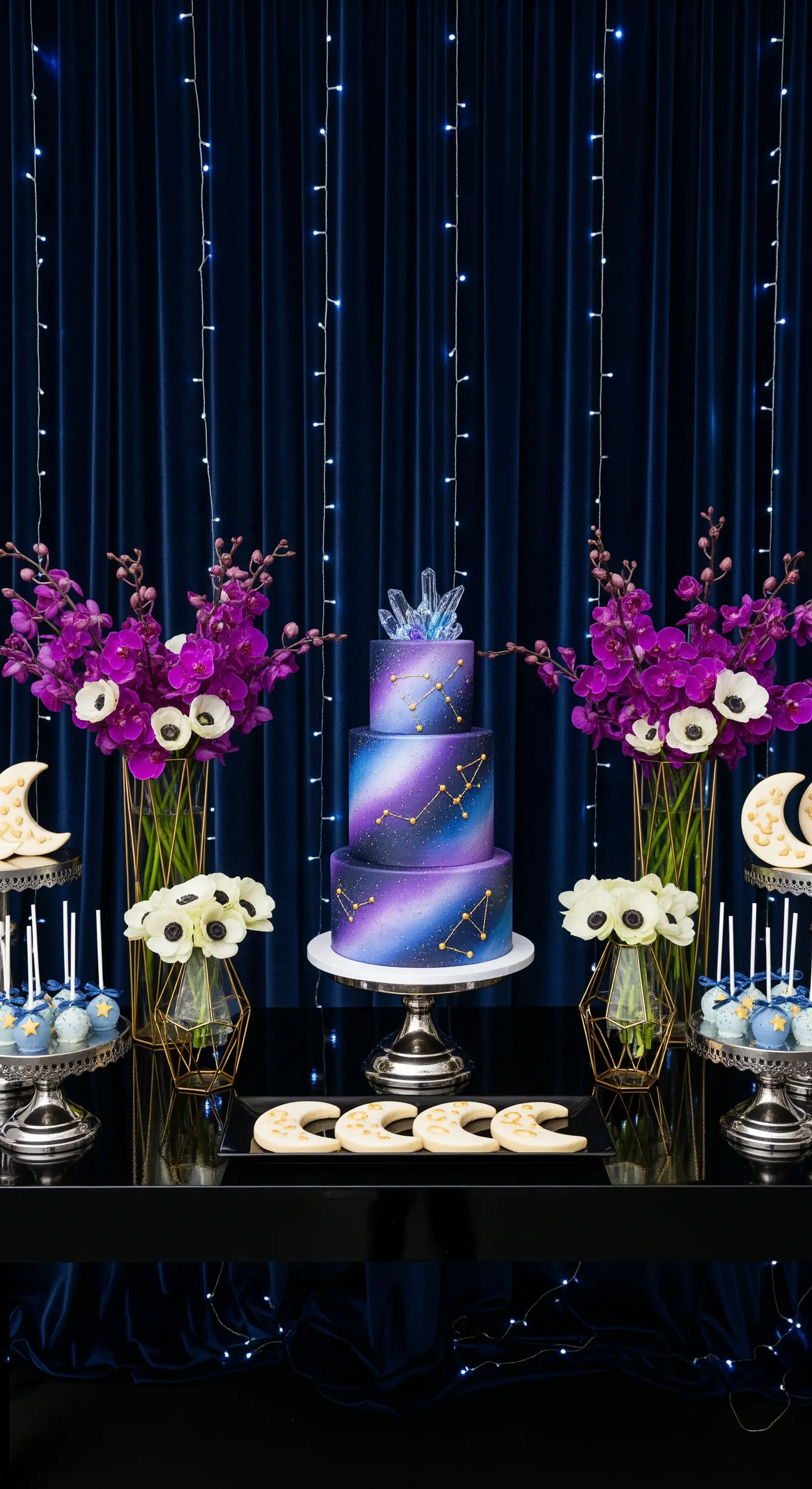 Sweet table a tema galassia con torta blu e viola, fiori e sfondo di luci stellate.