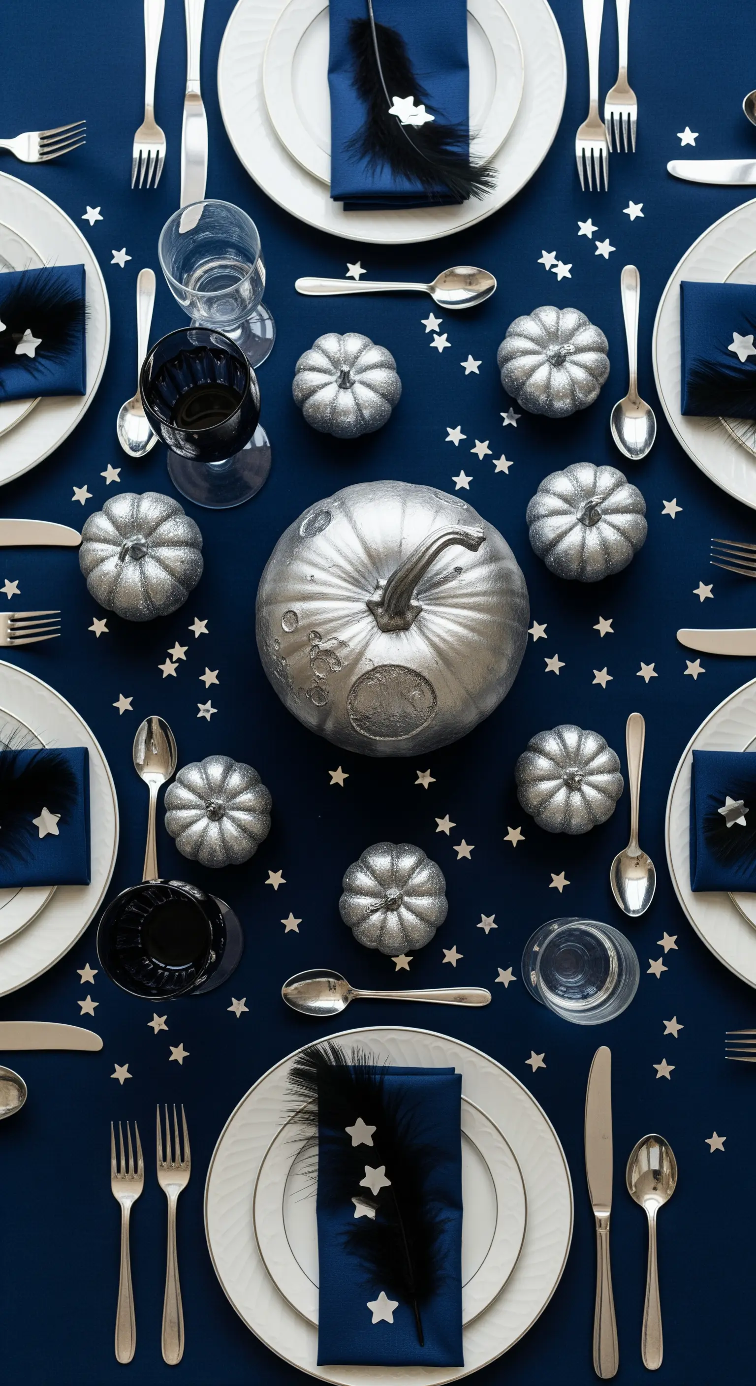 Tavola blu notte con zucche argento e coriandoli a stella.