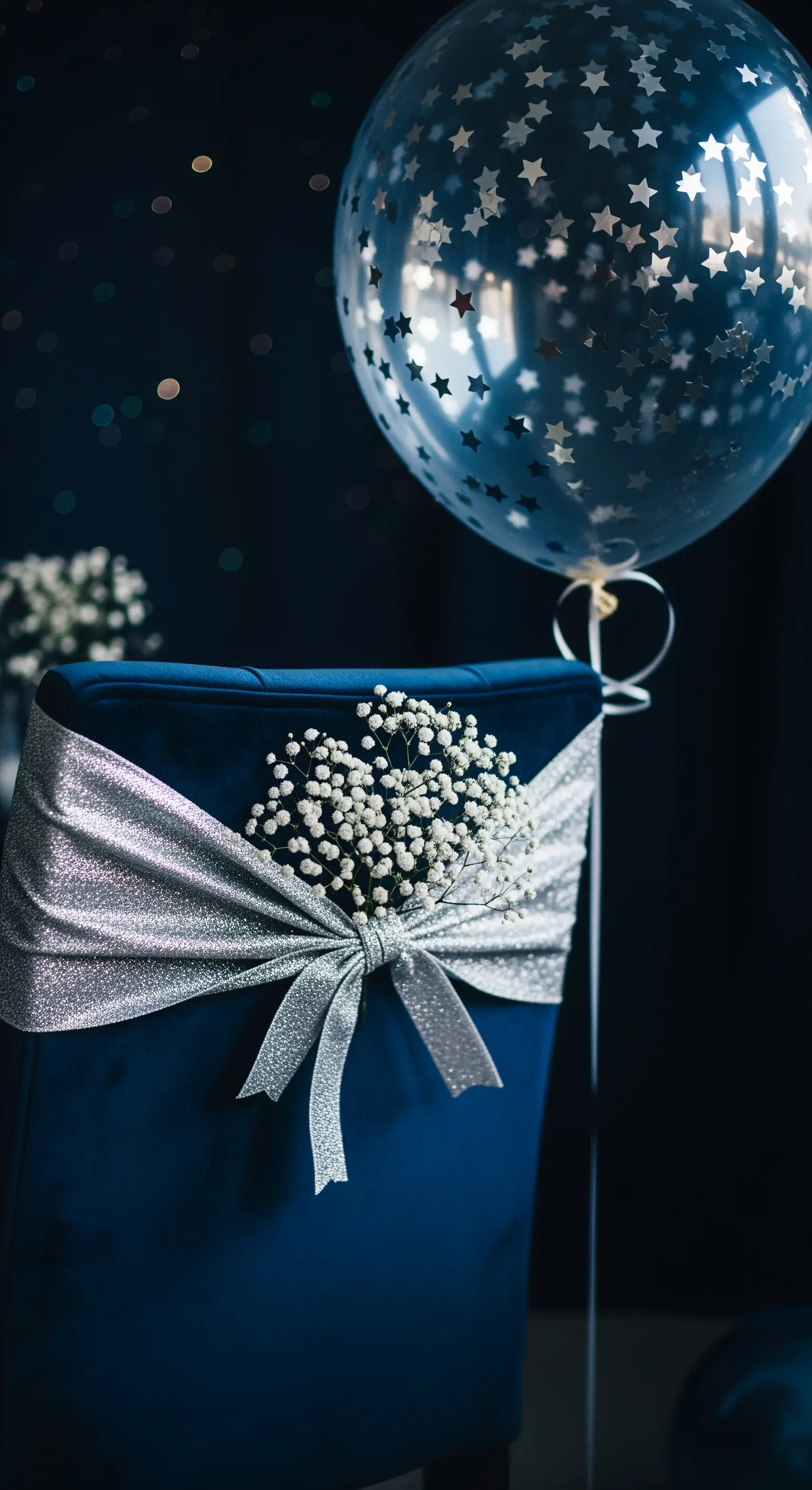 Sedia in velluto blu con fascia argentata, nebbiolina e palloncino con stelle.