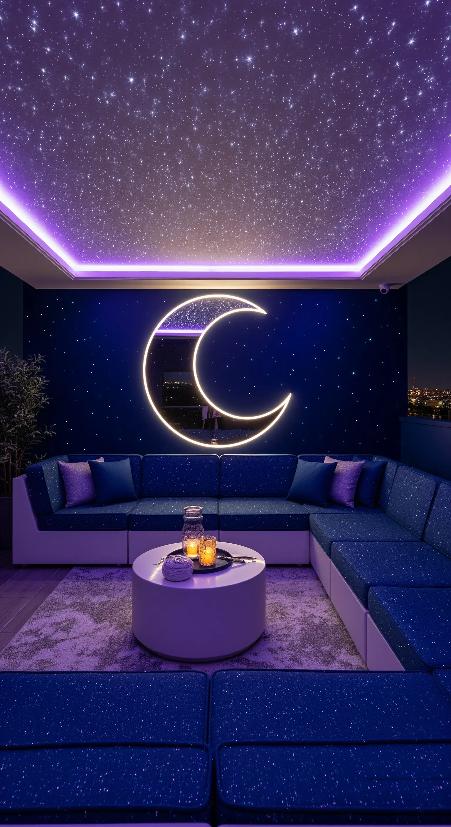 Terrazza coperta con soffitto a cielo stellato, una grande luna a LED e un divano blu.