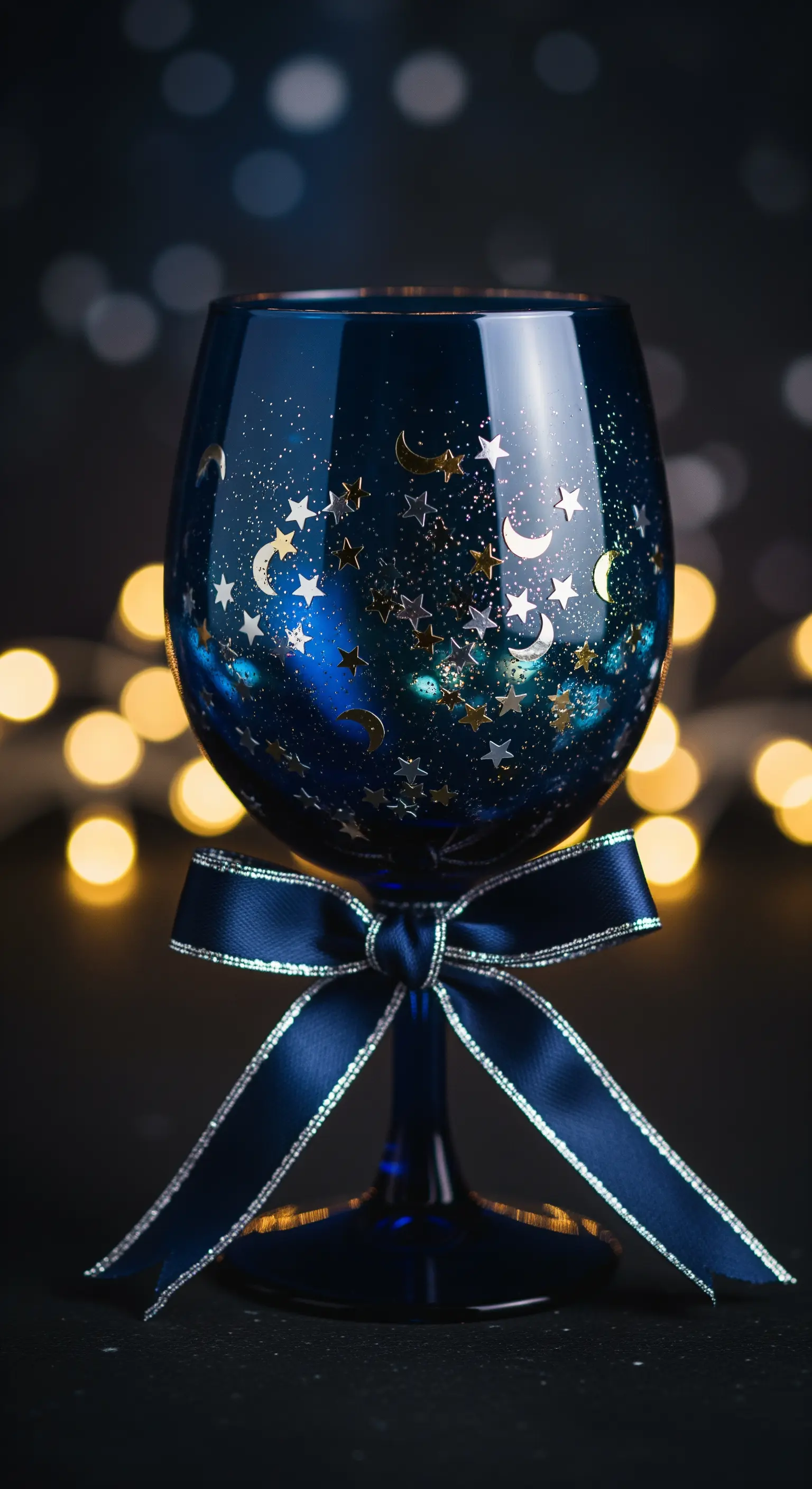 Calice blu scuro decorato con glitter e stelline dorate e argentate.