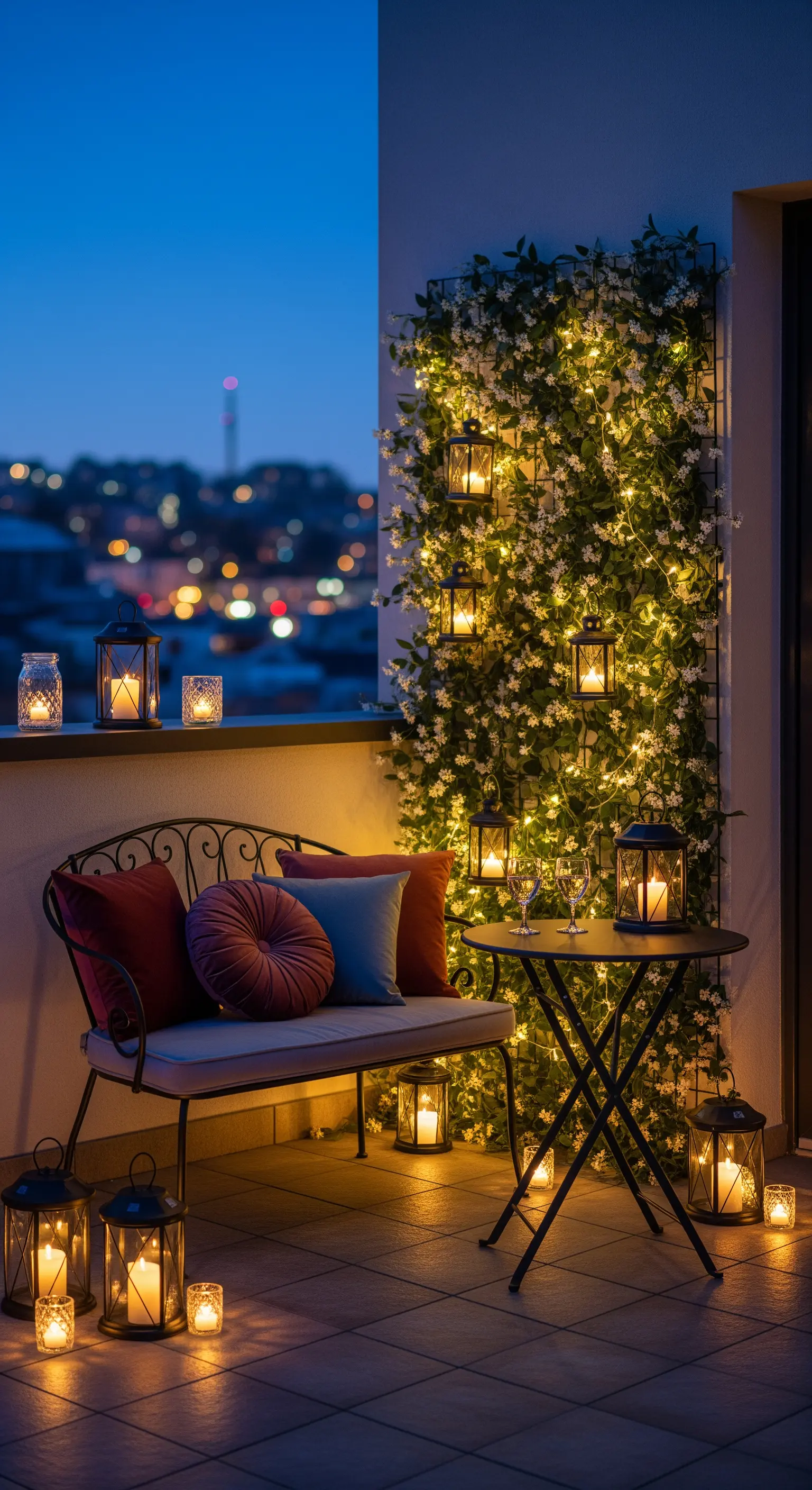 Balcone di notte con panca in ferro battuto, parete di gelsomino illuminata e tante lanterne