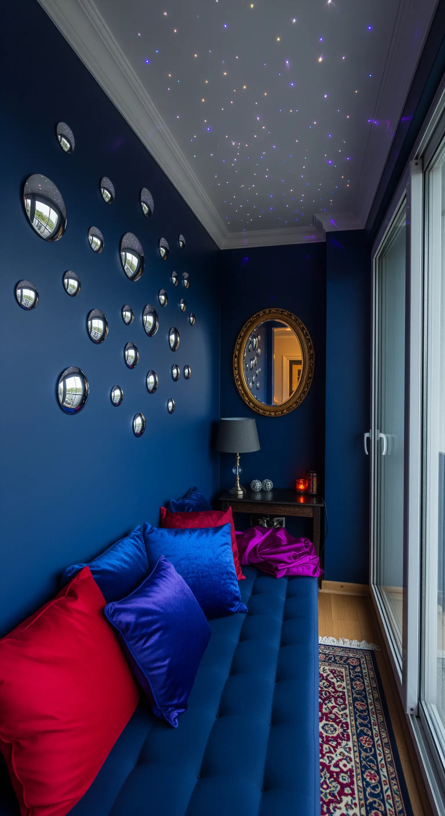 Balcone blu con soffitto a cielo stellato in fibra ottica e piccoli specchi convessi a parete.