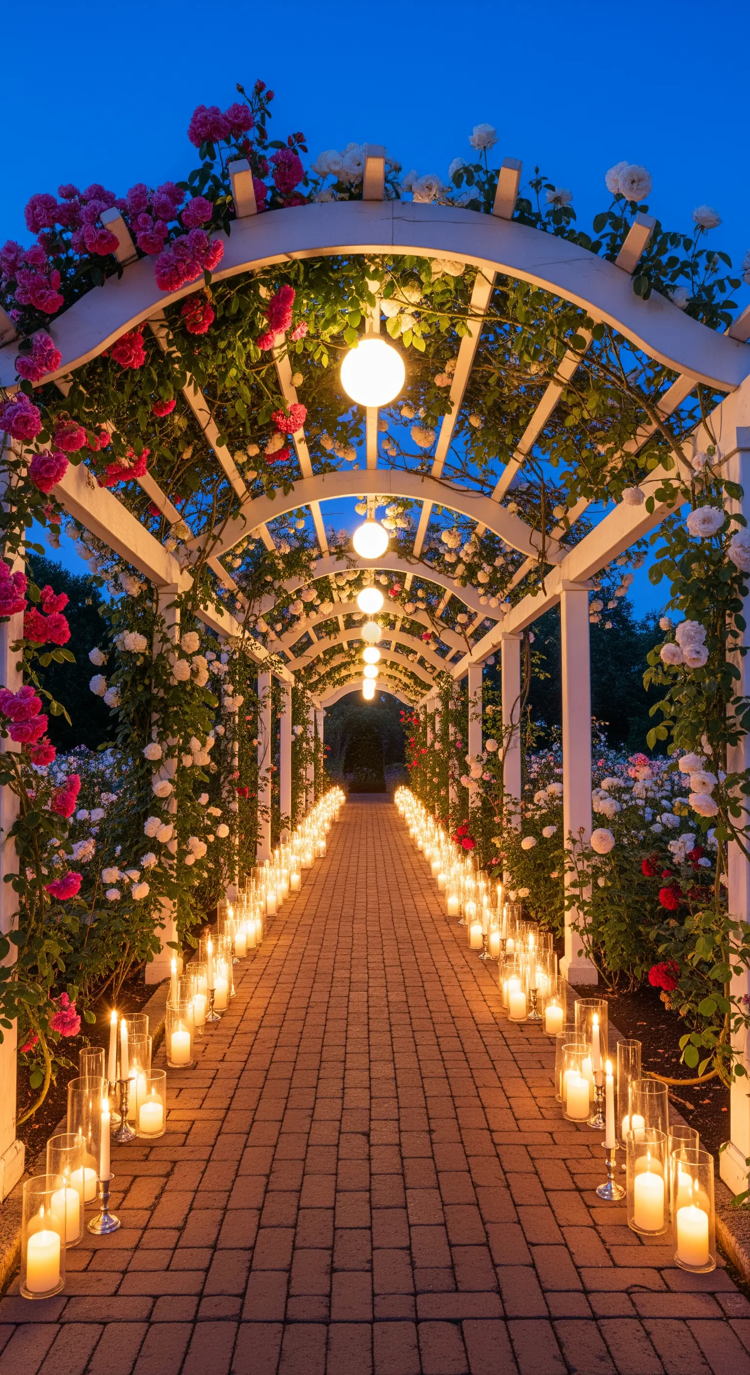Lungo pergolato bianco coperto di rose, illuminato da luci a globo e file di candele.