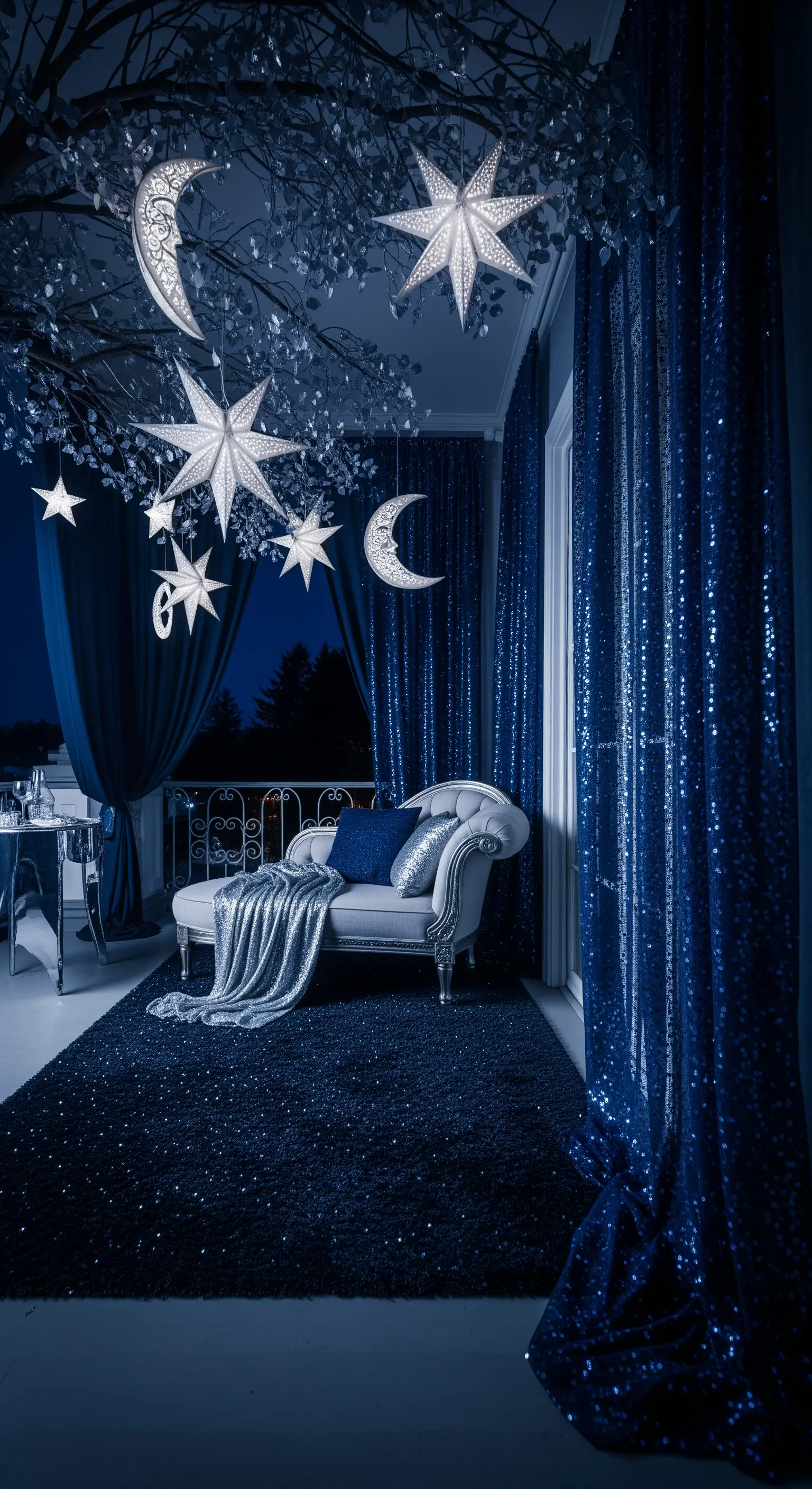 Balcone notturno con tende di paillettes blu, chaise longue e decorazioni luminose a forma di stelle
