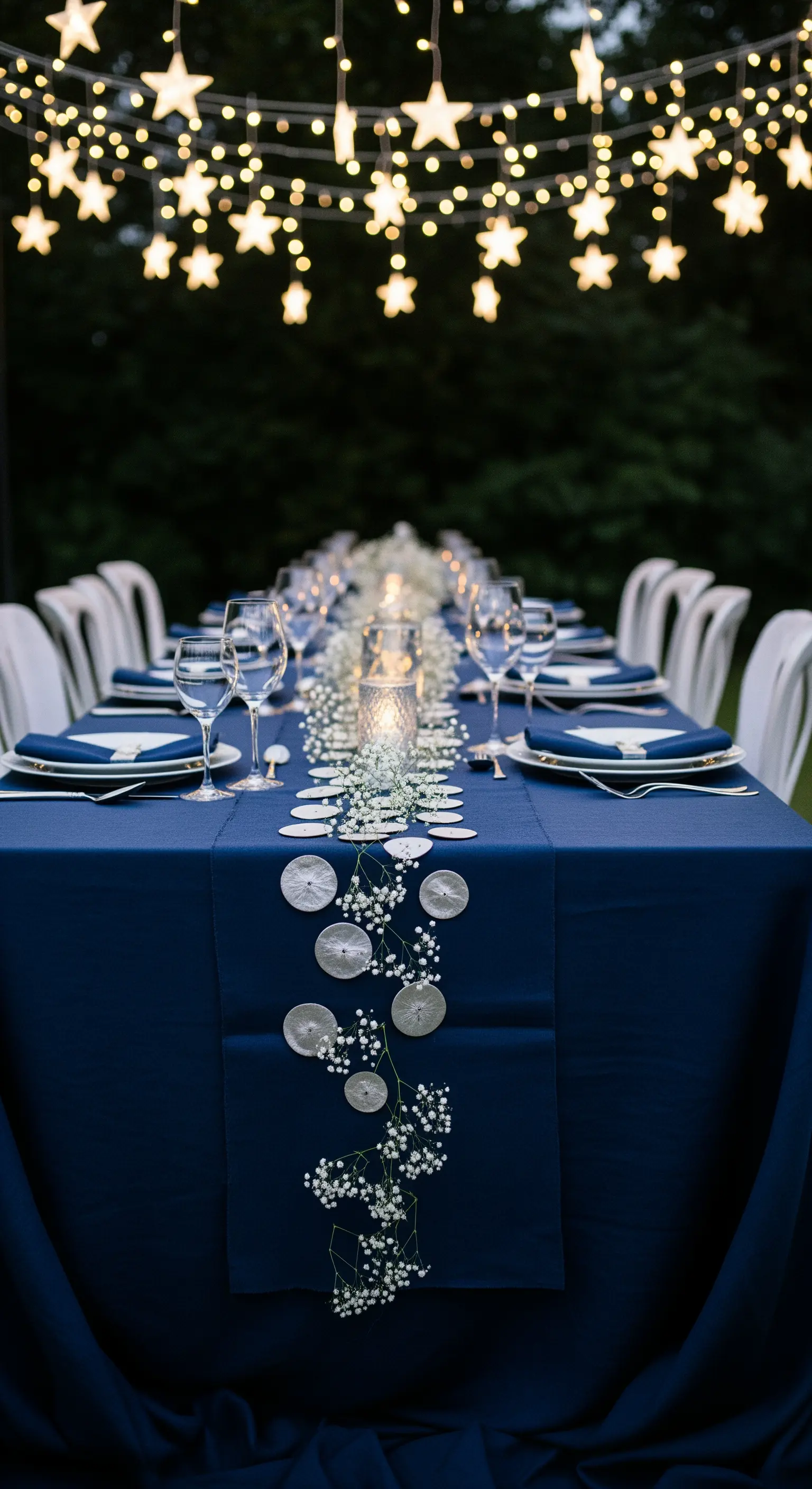 Tavolo da giardino di notte con tovaglia blu, runner di fiori bianchi e luci a stella.