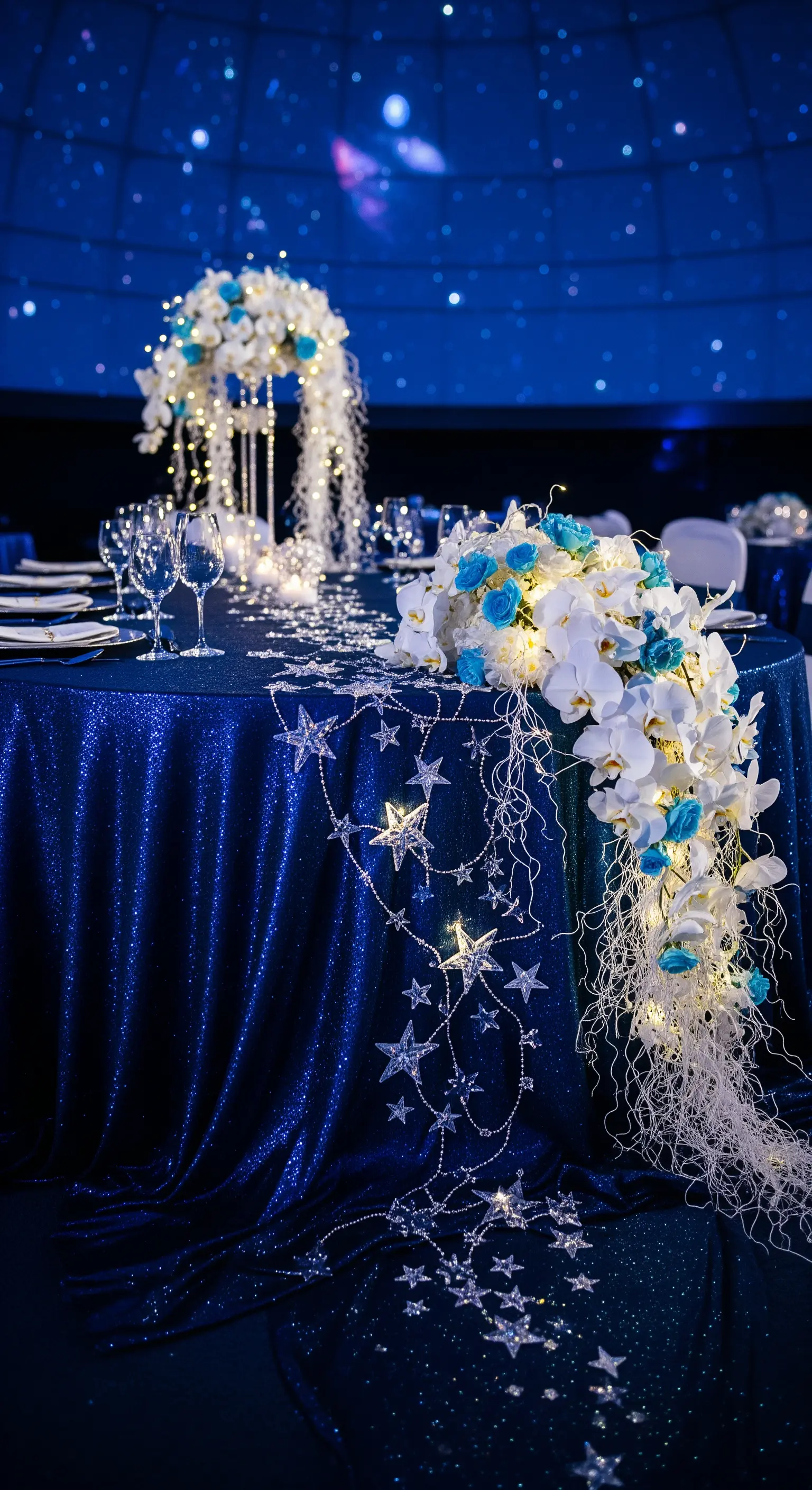 Tavolo blu scintillante con decorazioni a forma di stella, luci e orchidee bianche.