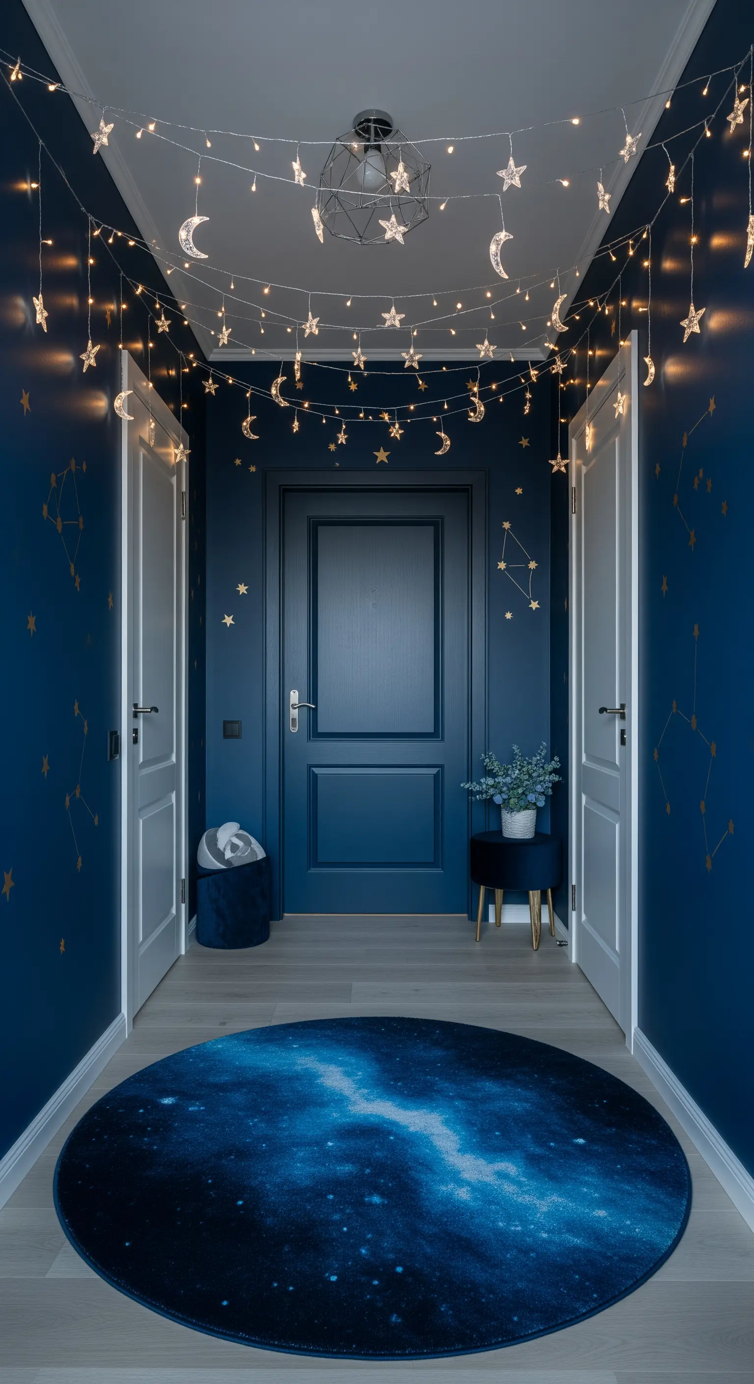 Corridoio blu notte con luci a forma di stelle e lune appese al soffitto e tappeto a tema galassia.