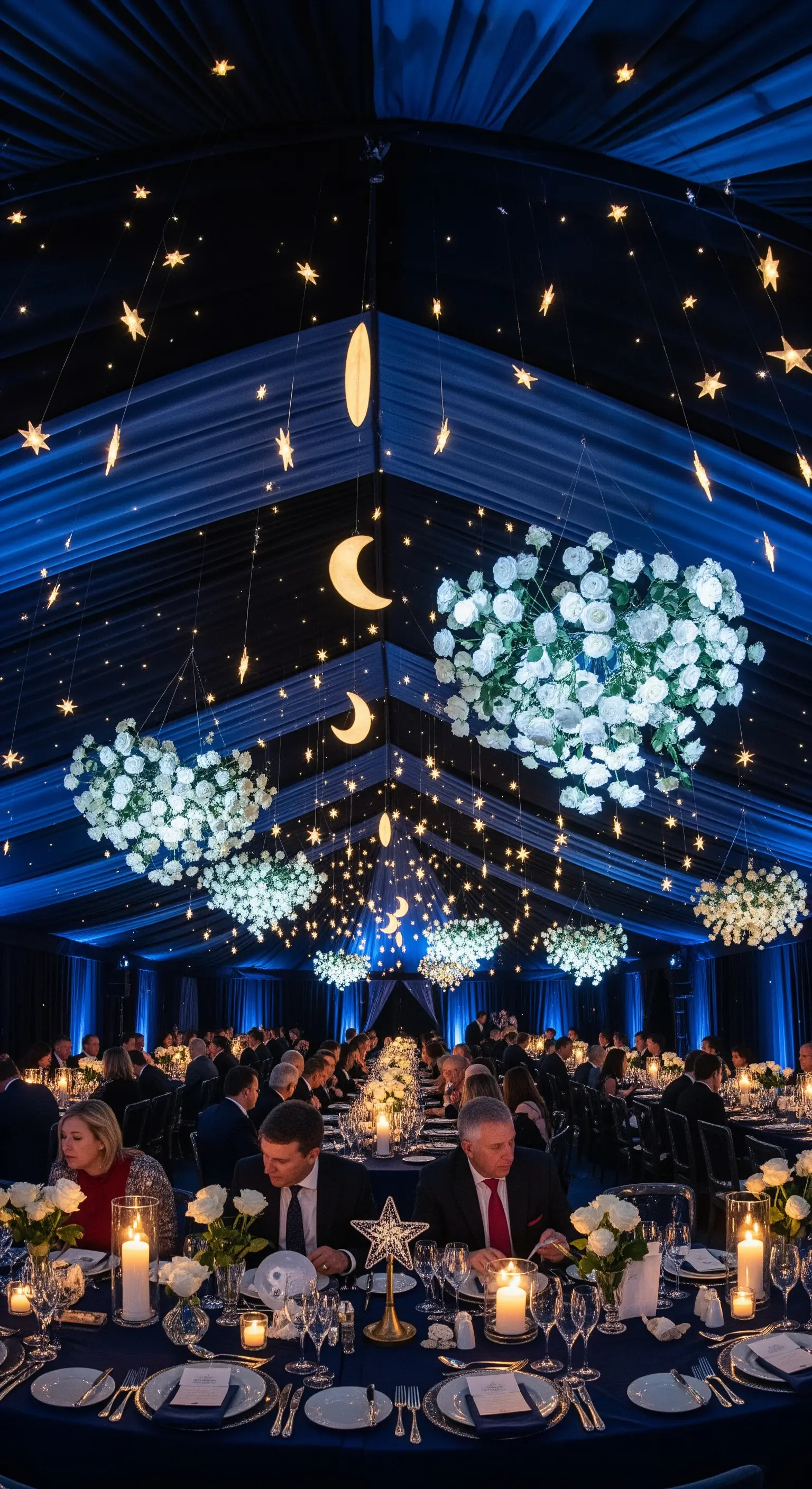 Soffitto blu notte con stelle, lune e grandi sfere di rose bianche sospese per una festa a tema celeste.