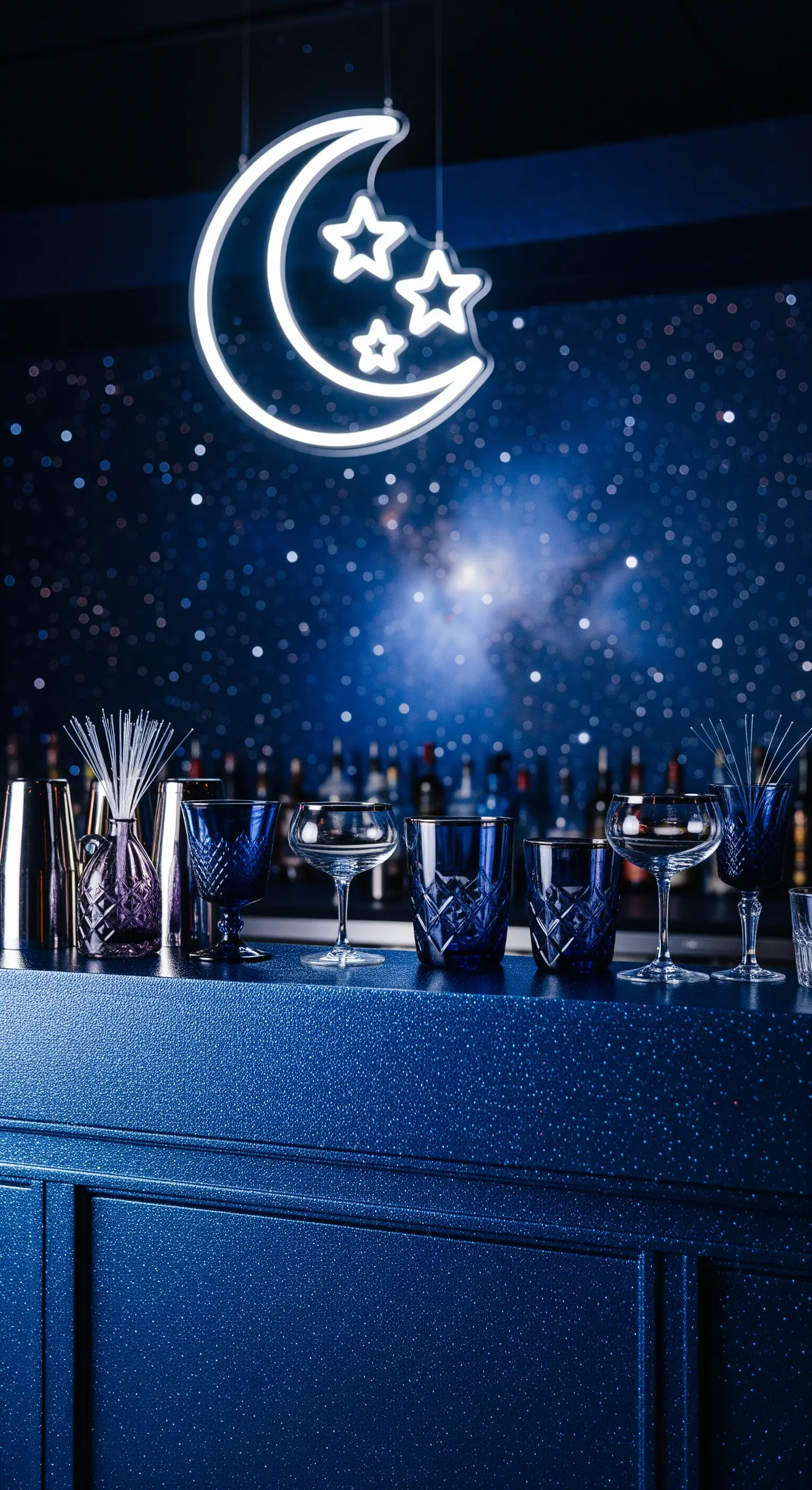 Bar a tema cosmico con insegna al neon a forma di luna, sfondo stellato e bancone blu glitterato.