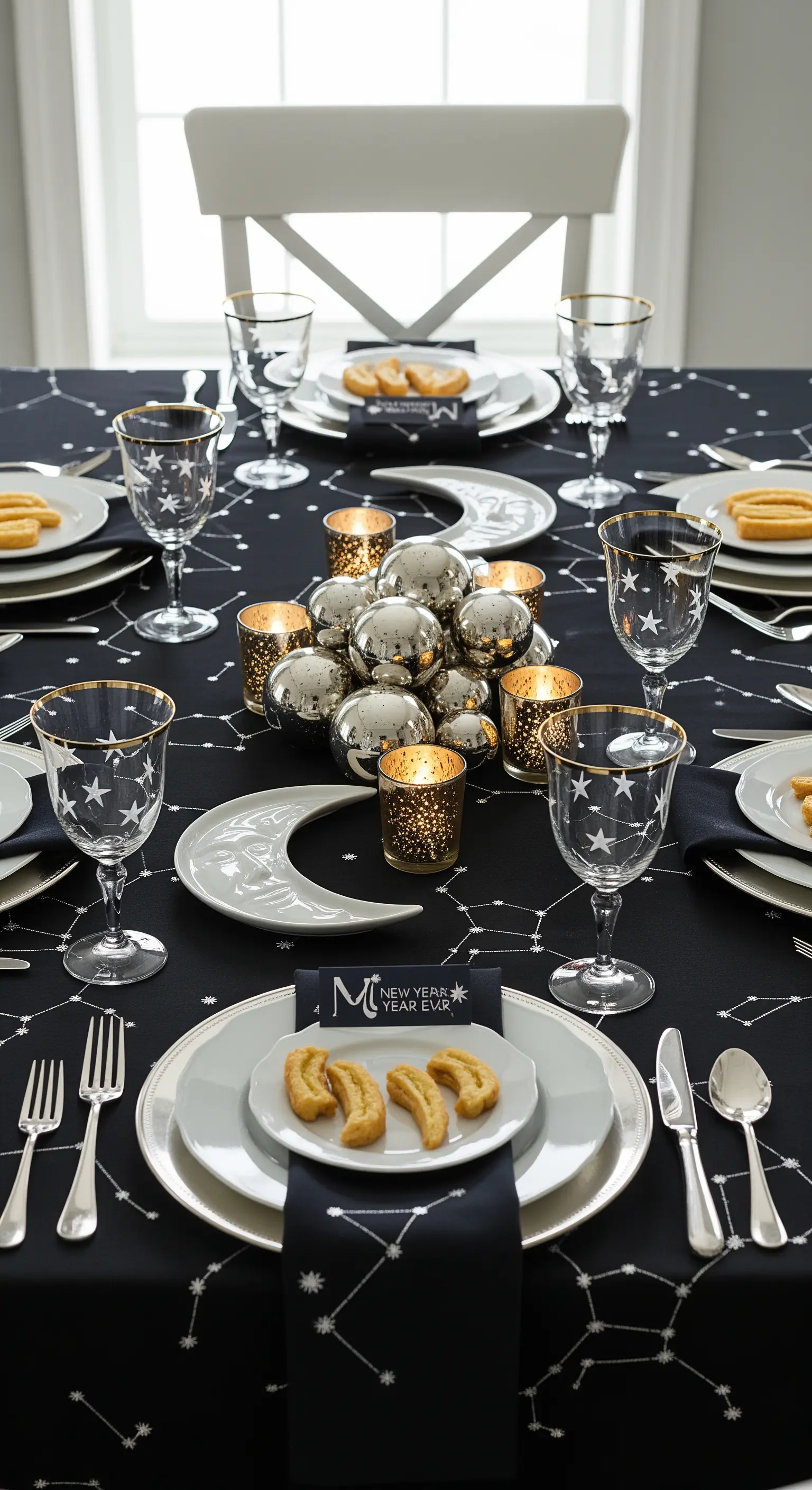 Tavola di Capodanno a tema astrologico con tovaglia a costellazioni e sfere argento.