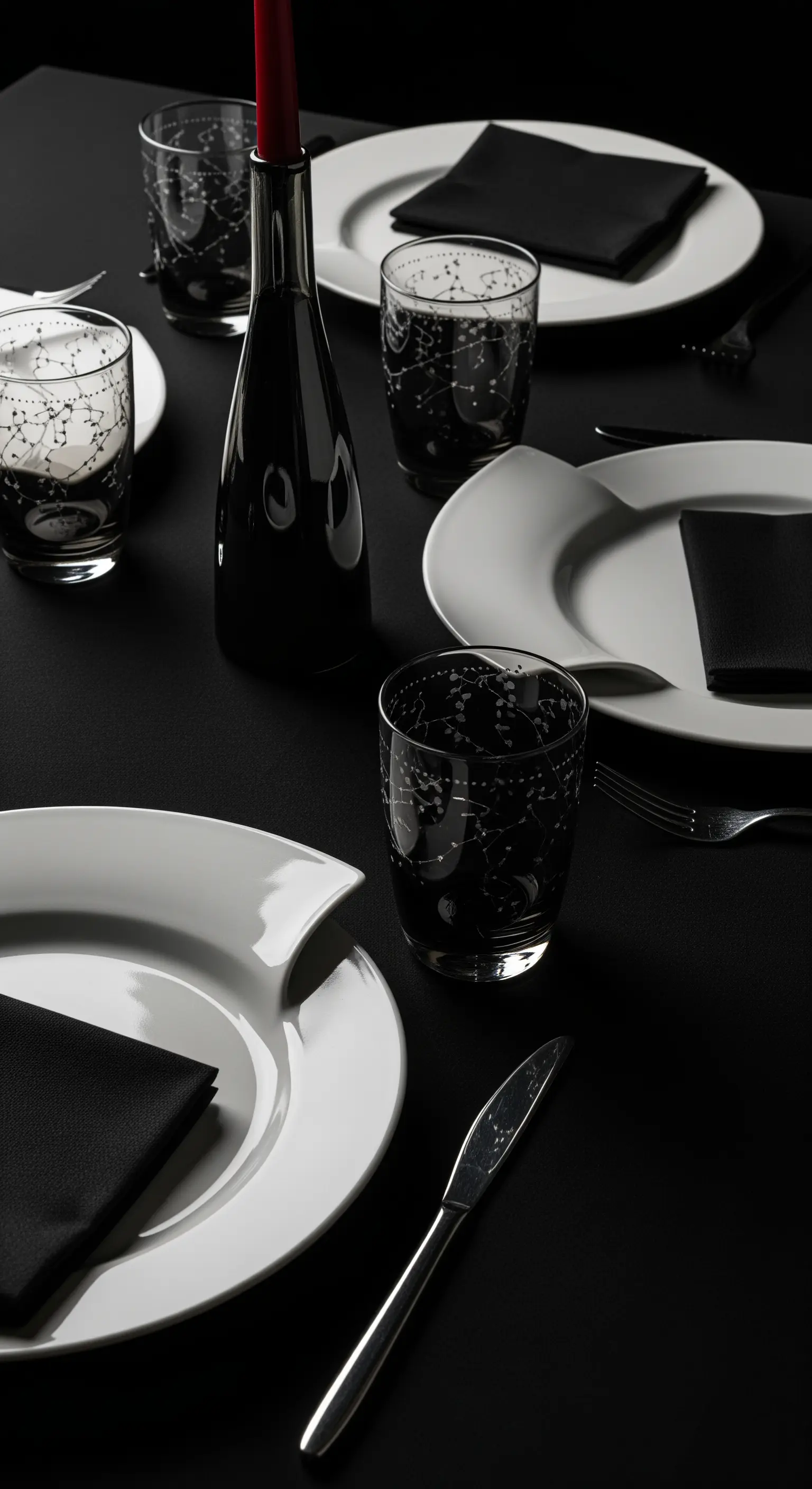 Tavola total black con piatti bianchi di design e bicchieri neri decorati con costellazioni
