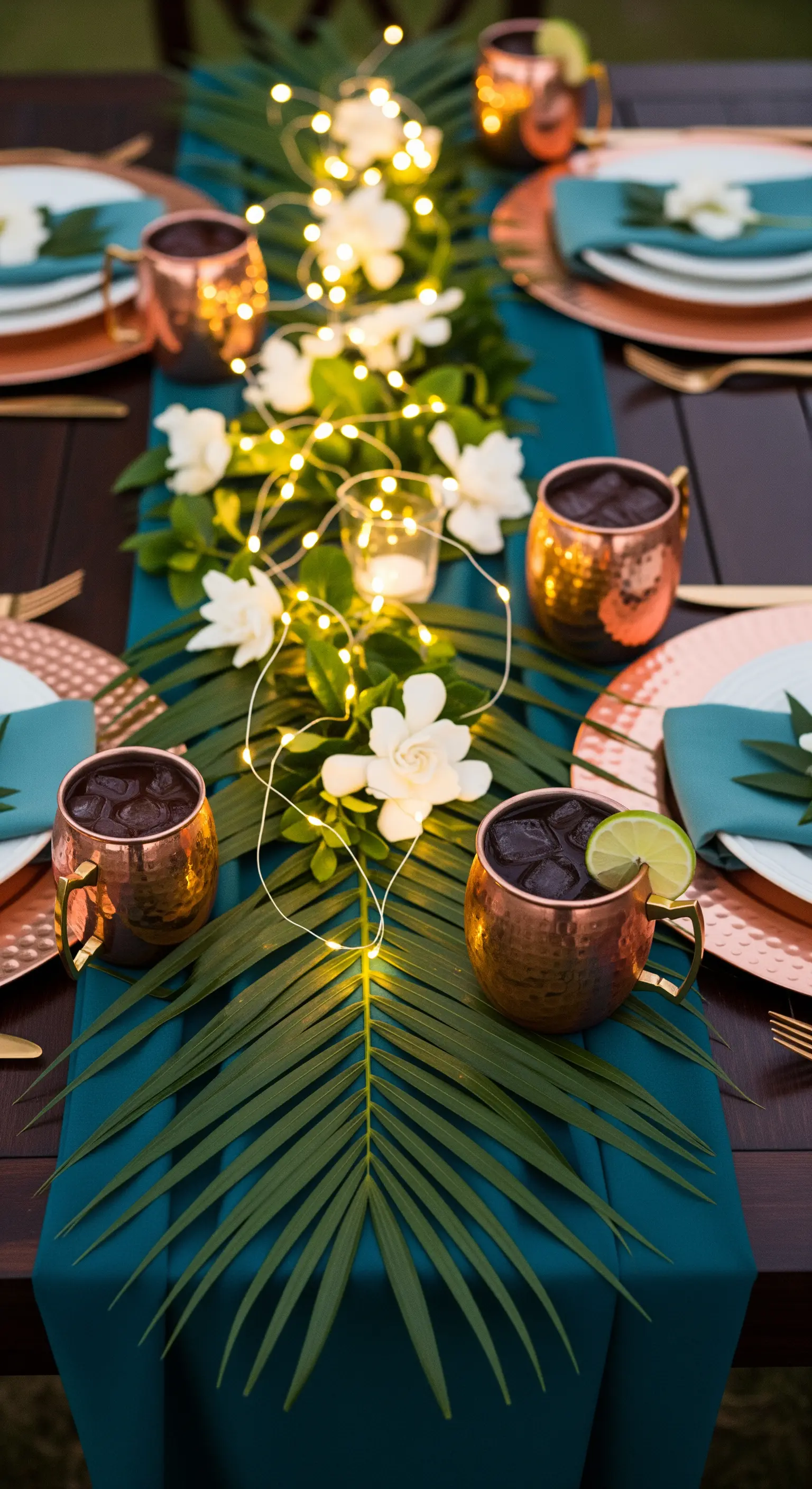 Runner verde ottanio con foglie di palma, fiori bianchi, lucine e mug in rame.