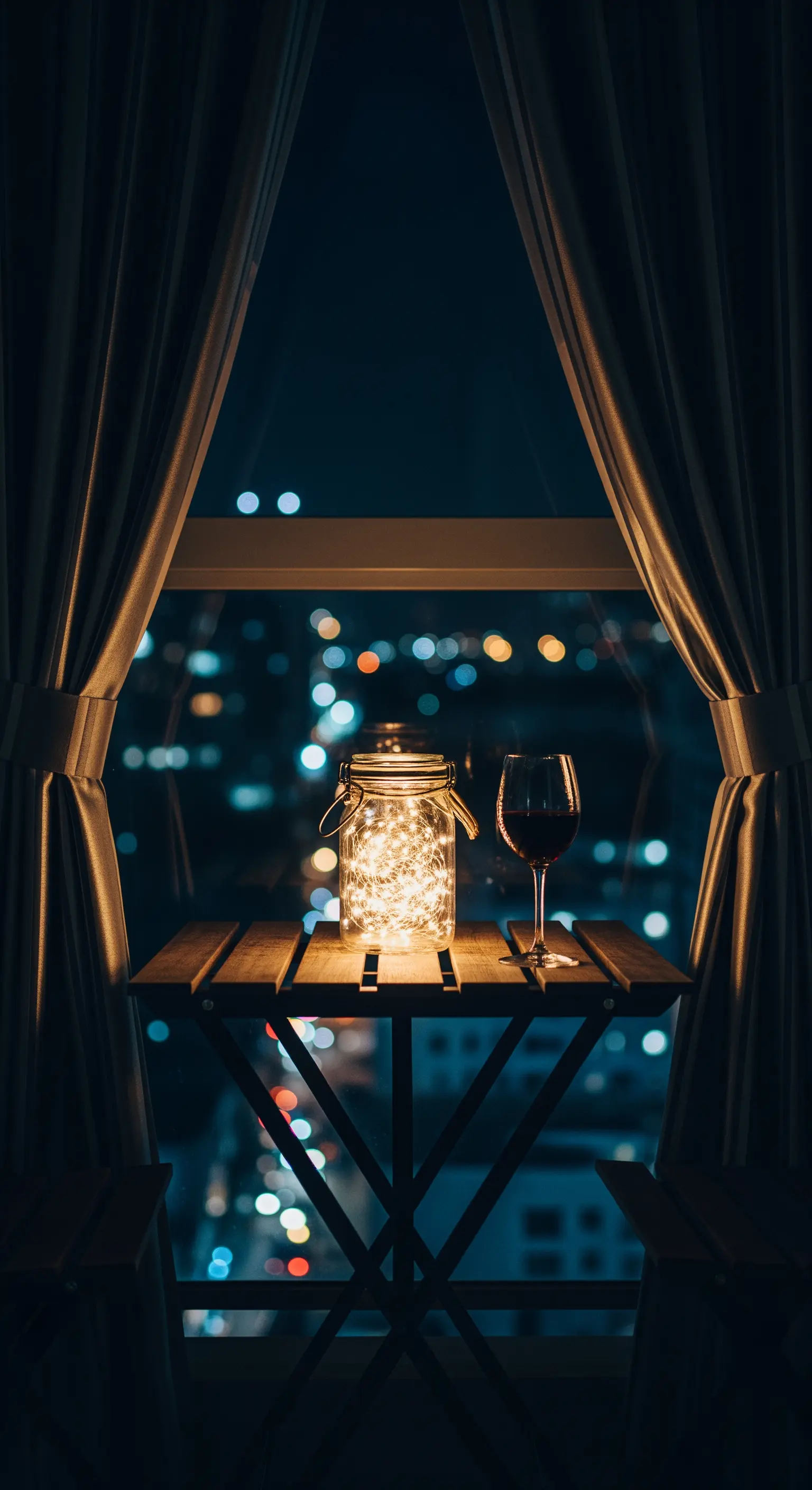 Tavolino su un balcone di notte, illuminato da un barattolo con luci a LED e un bicchiere di vino.