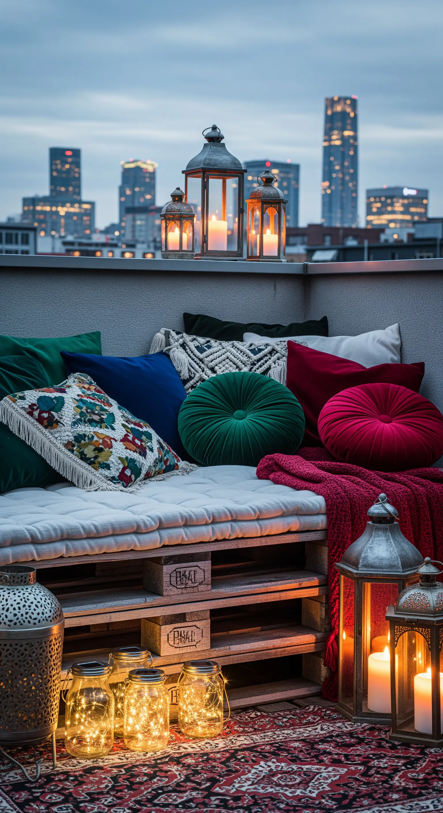 Divanetto in pallet su un tetto con cuscini in velluto colorati e lanterne accese