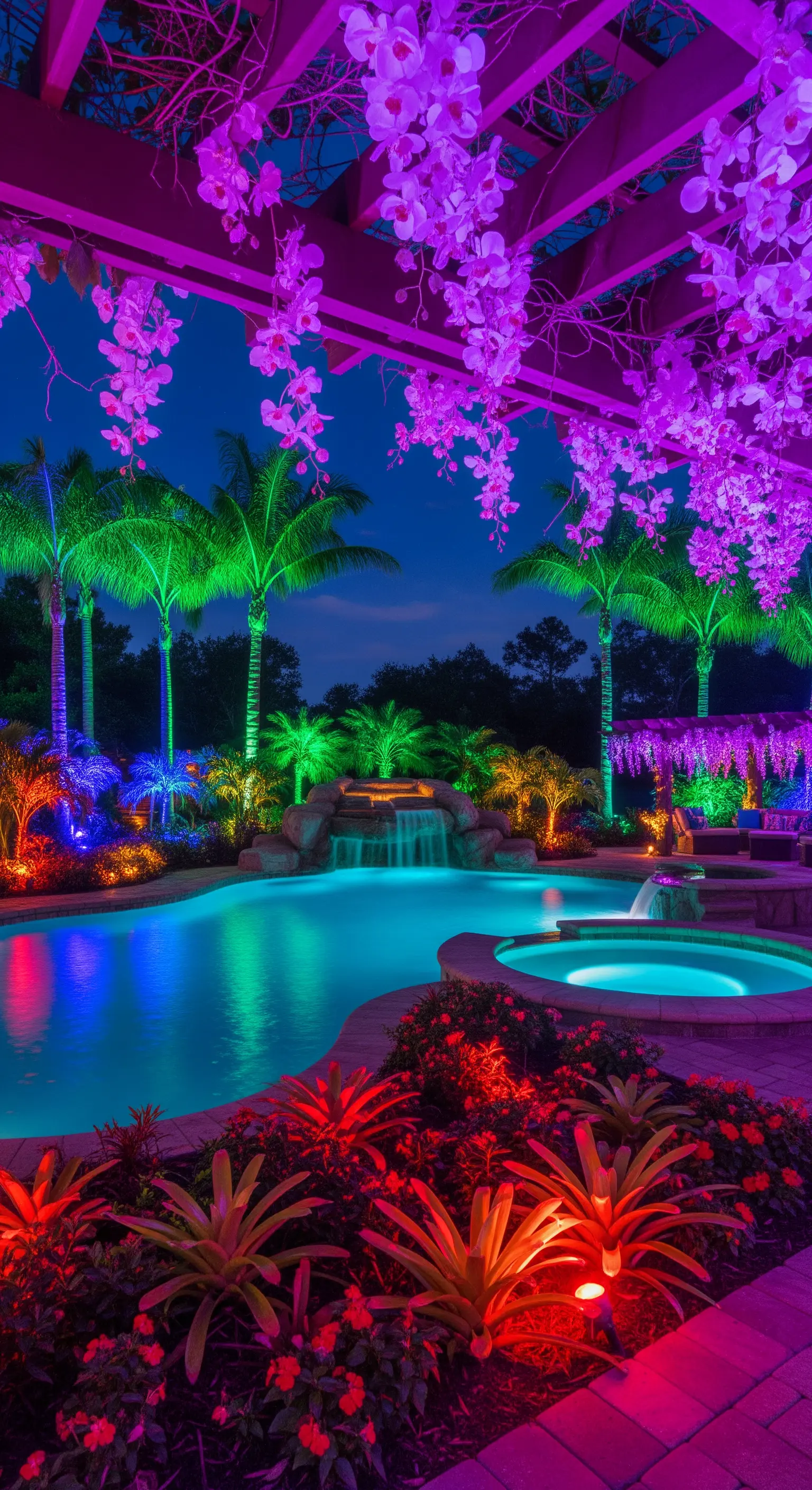 Piscina di lusso di notte, con un'illuminazione scenografica viola, blu e verde su palme e piante.