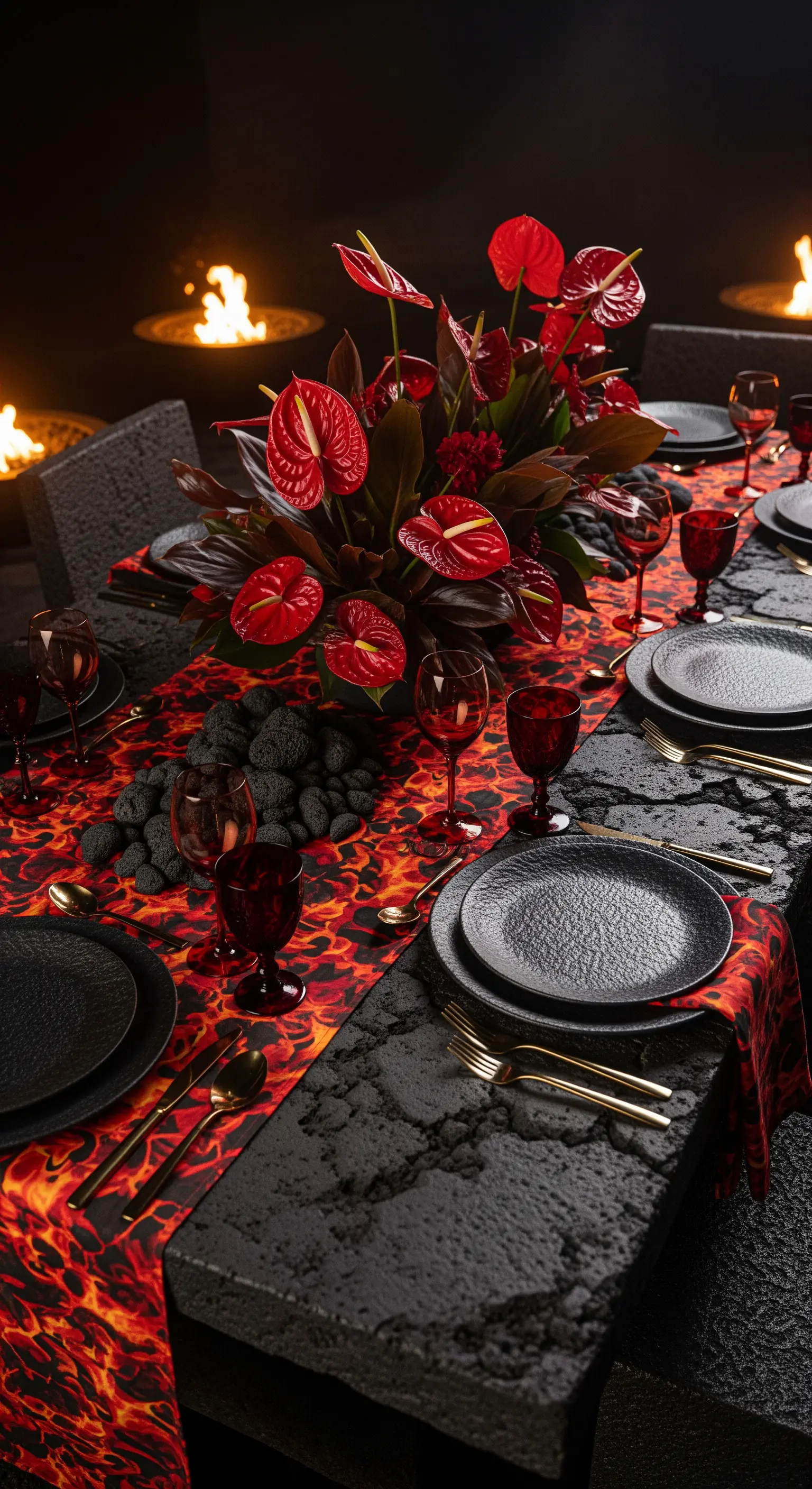 Tavola a tema fuoco con runner fiammeggiante, piatti neri materici e bracieri accesi.