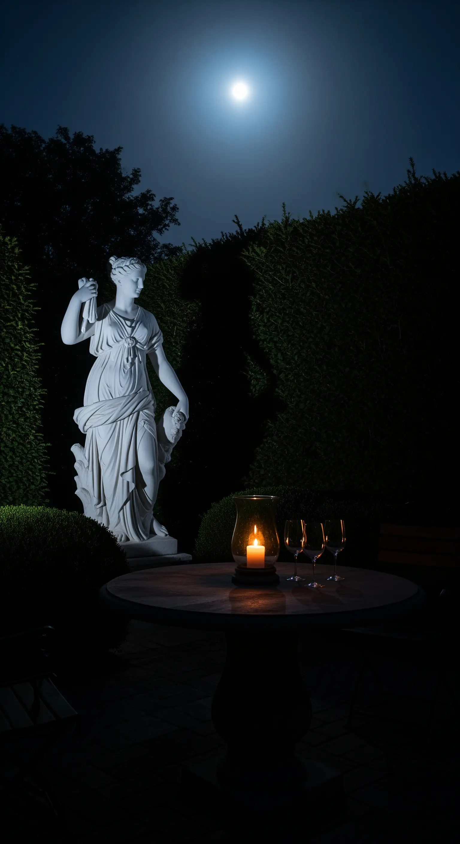 Statua classica e tavolo illuminati dalla luna piena e da una sola candela in una lanterna.