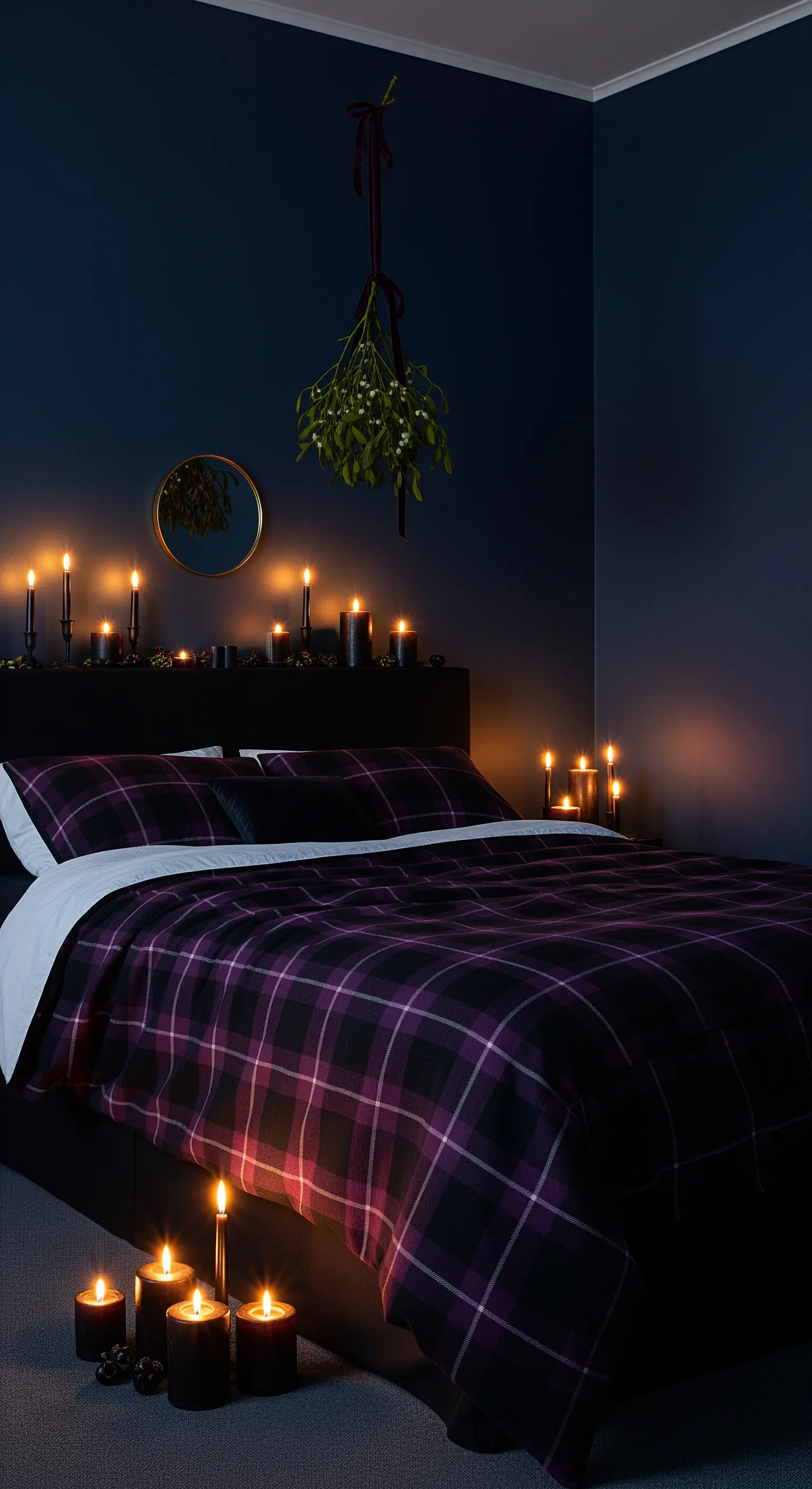 Camera da letto con pareti blu scuro, plaid viola e nero, e numerose candele nere accese.
