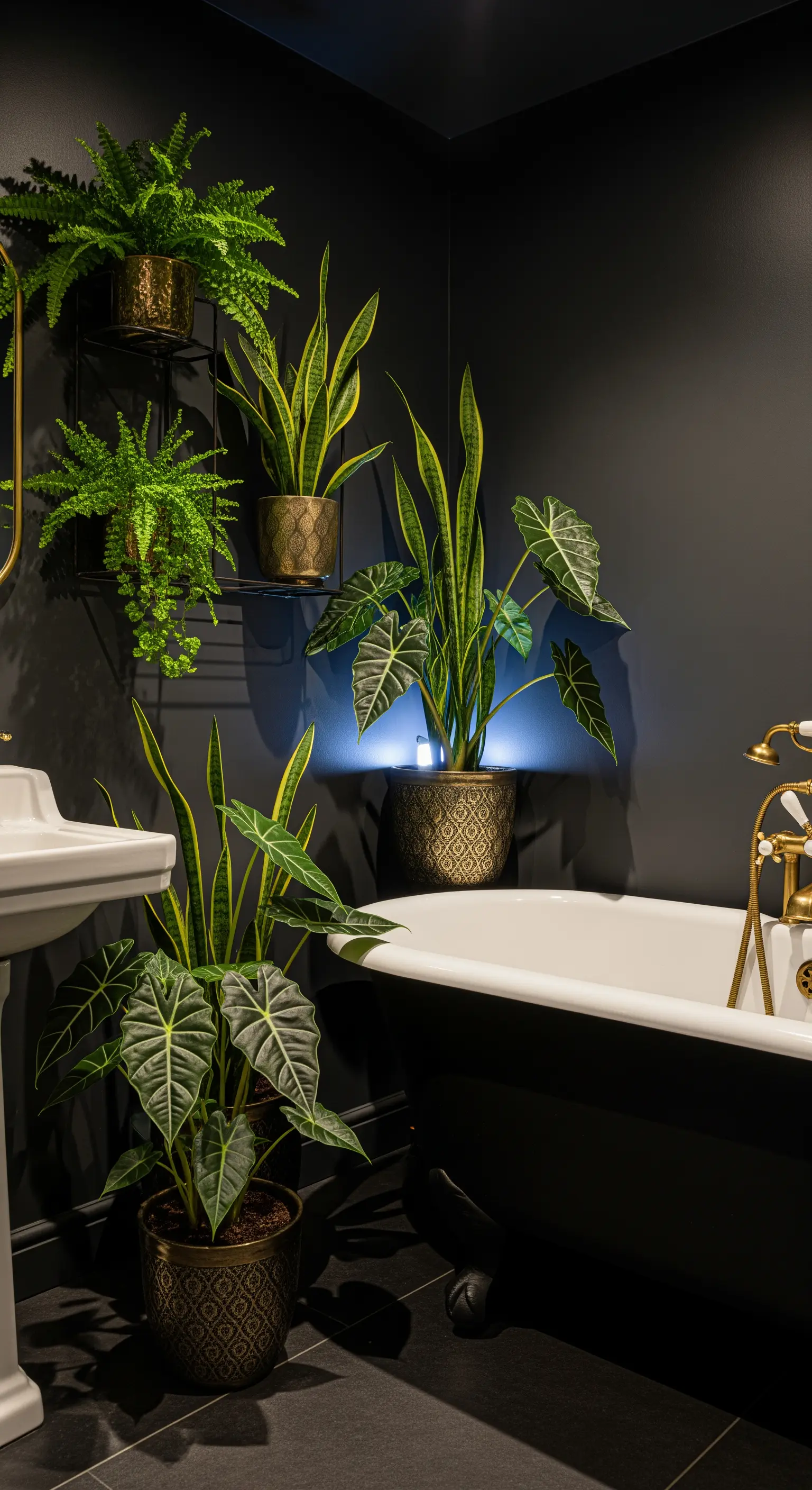 Bagno scuro con vasca nera e piante in vasi dorati che creano un contrasto luminoso.