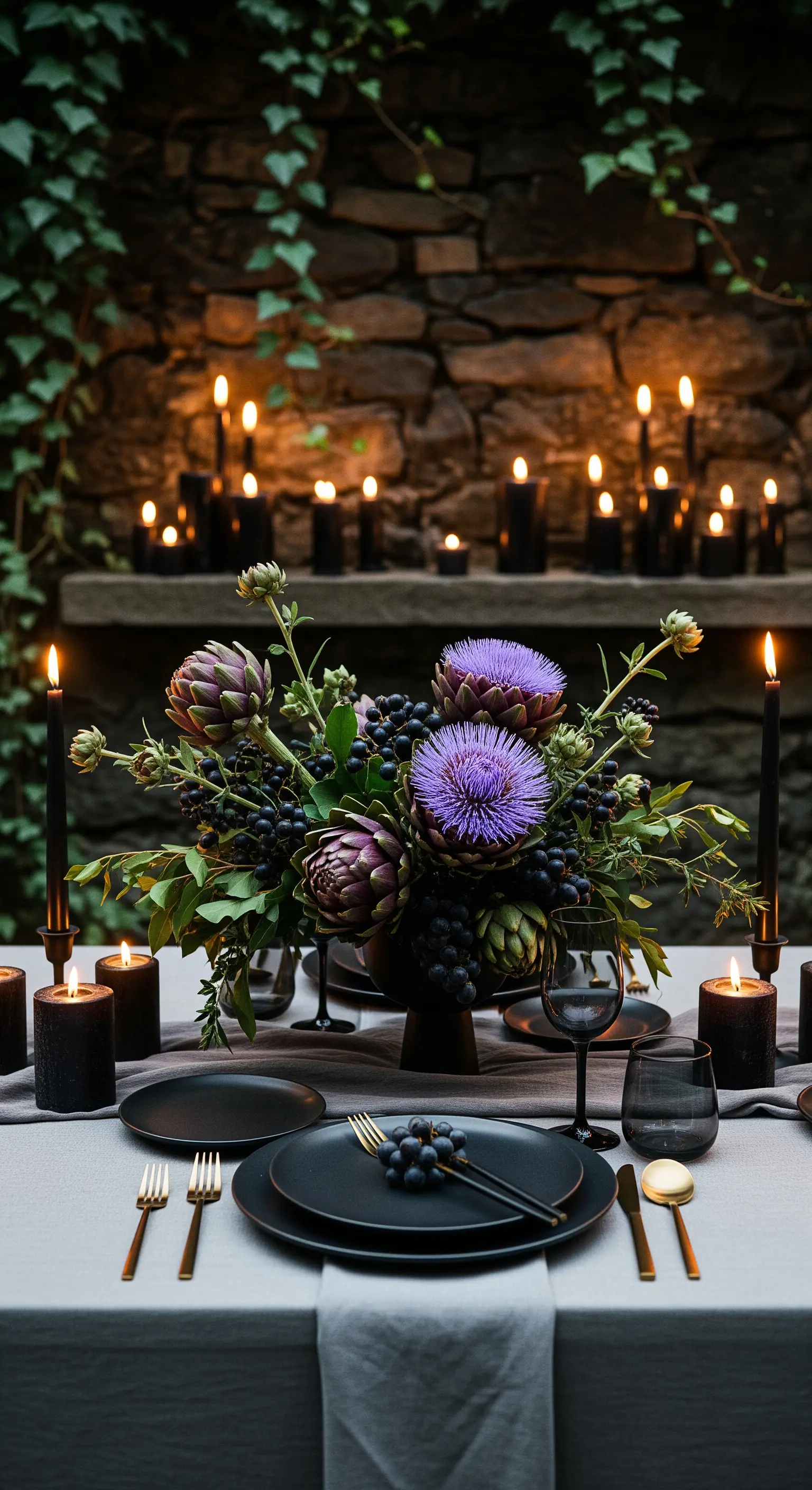 Tavola scura e suggestiva con piatti neri, candele nere e un centrotavola di carciofi.