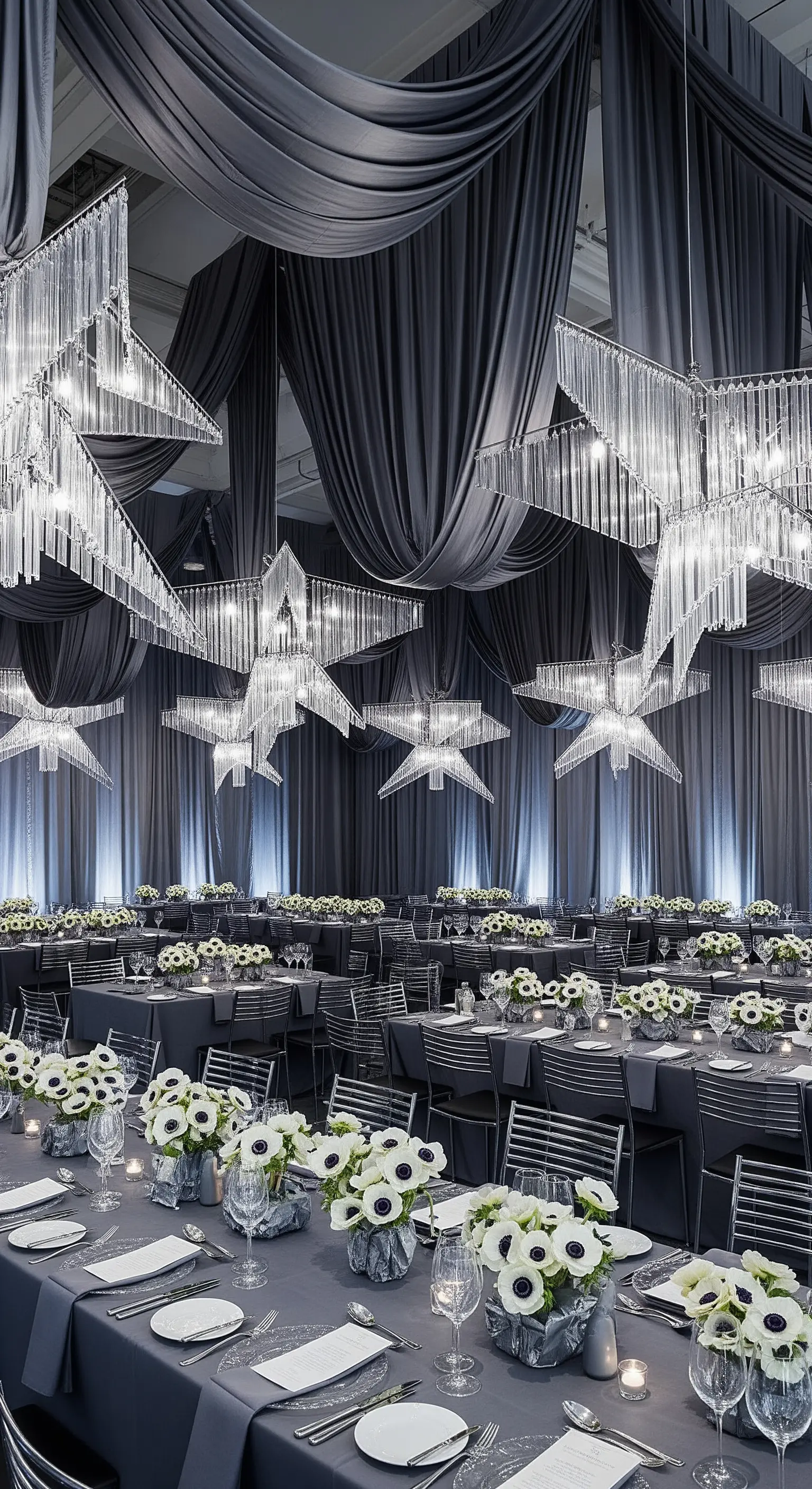 Sala da ricevimento con allestimento monocromatico grigio, drappeggi e chandelier a forma di stella.