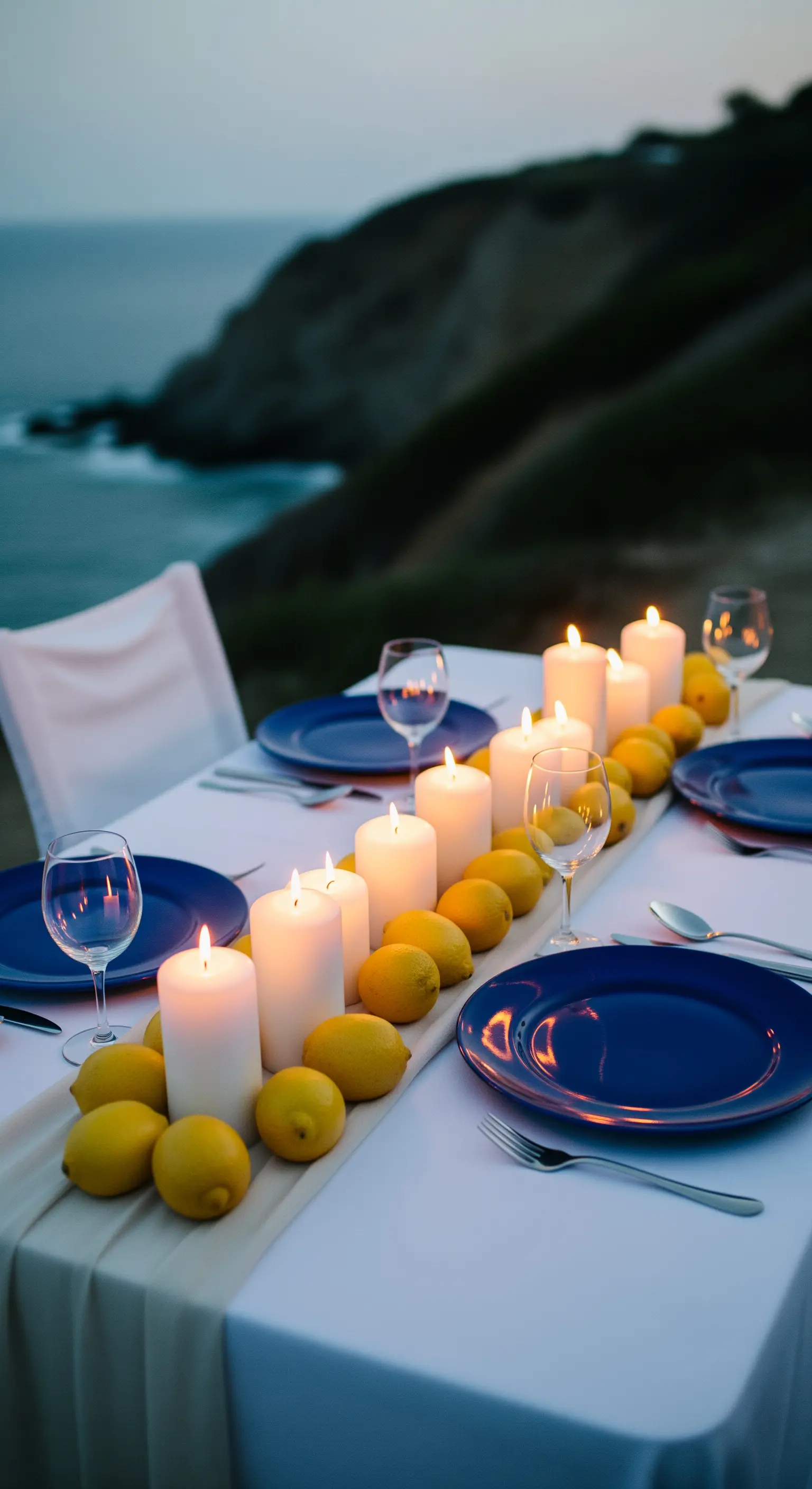 Cena romantica al tramonto con un sentiero di candele e limoni sul tavolo.