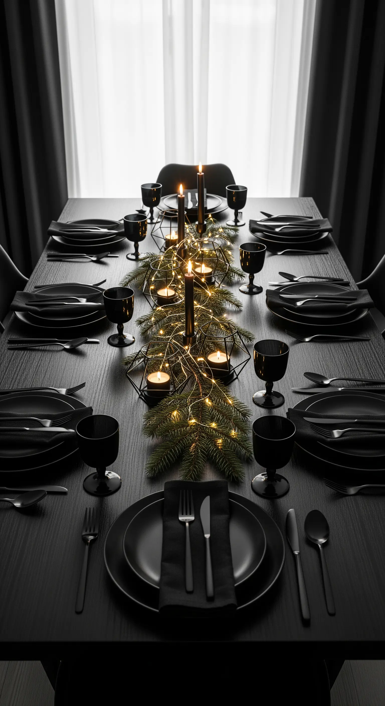 Tavola natalizia total black con ghirlanda di pino e fairy lights.