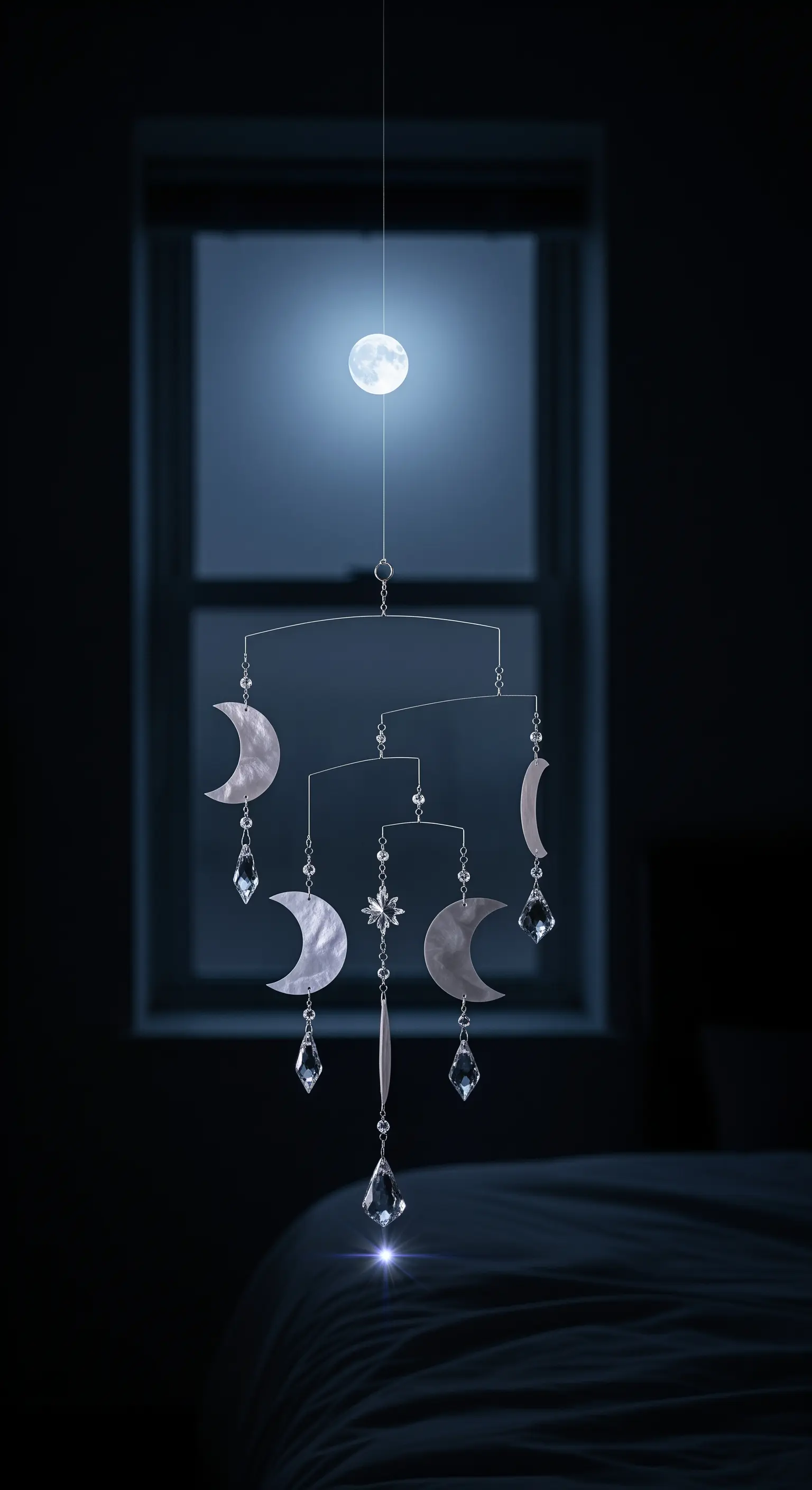 Mobile con lune e cristalli che pende davanti a una finestra di notte.