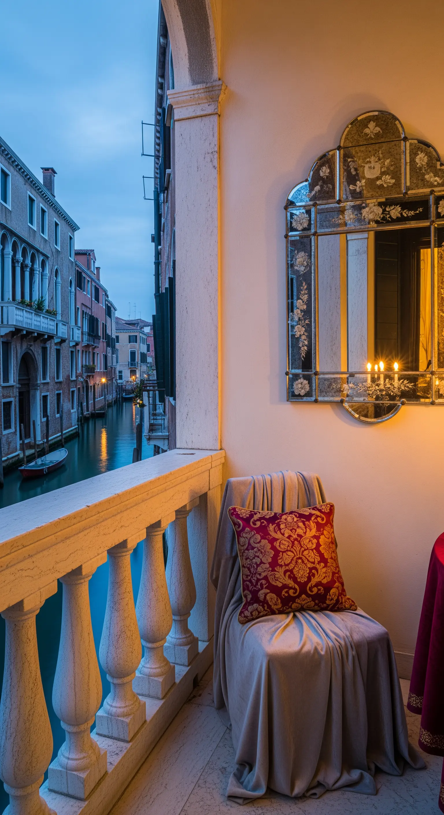 Balcone veneziano affacciato su un canale con specchio antico e sedia drappeggiata.