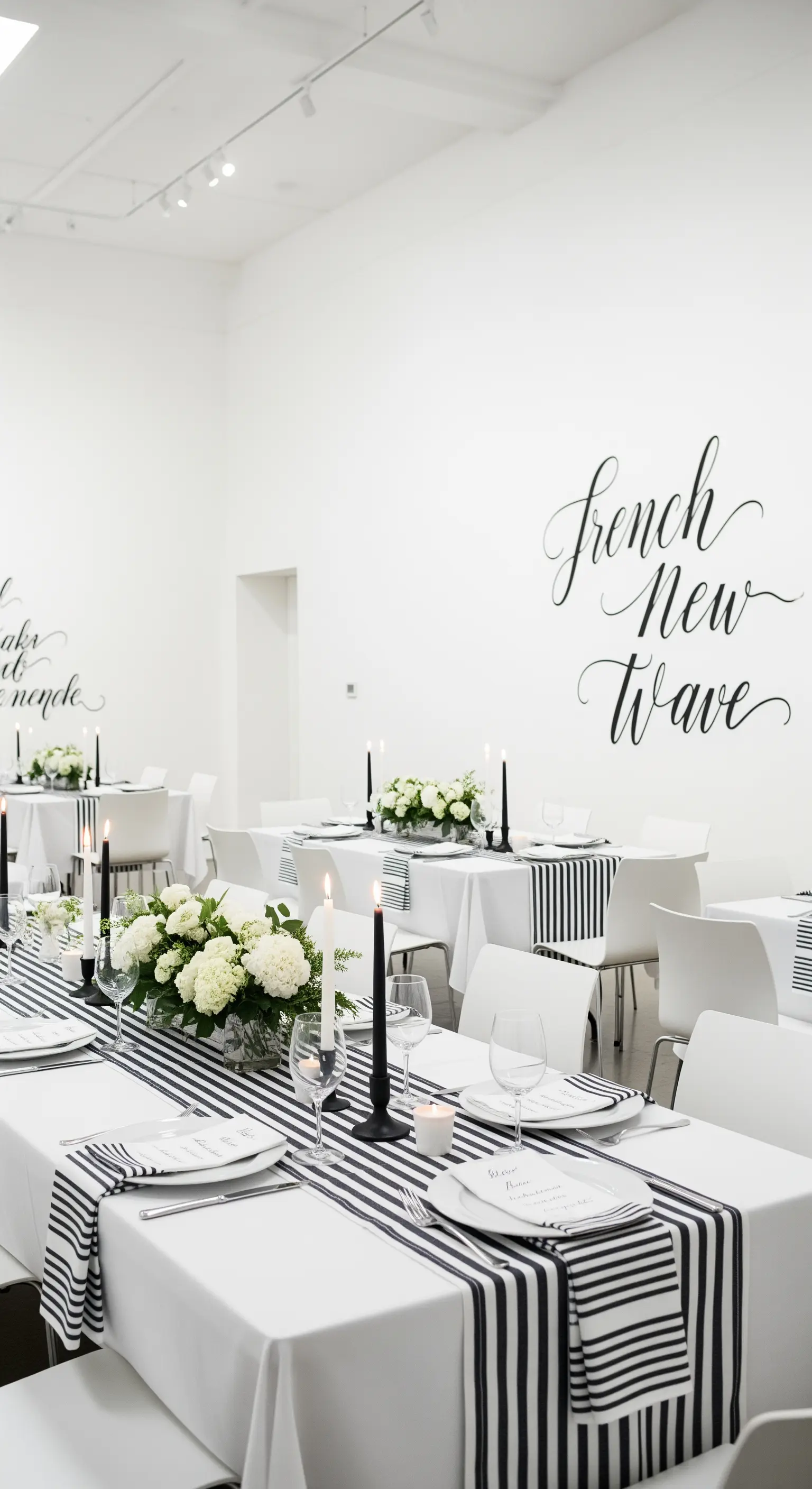 Tavolata minimalista in bianco e nero con runner a righe e scritte calligrafiche sul muro