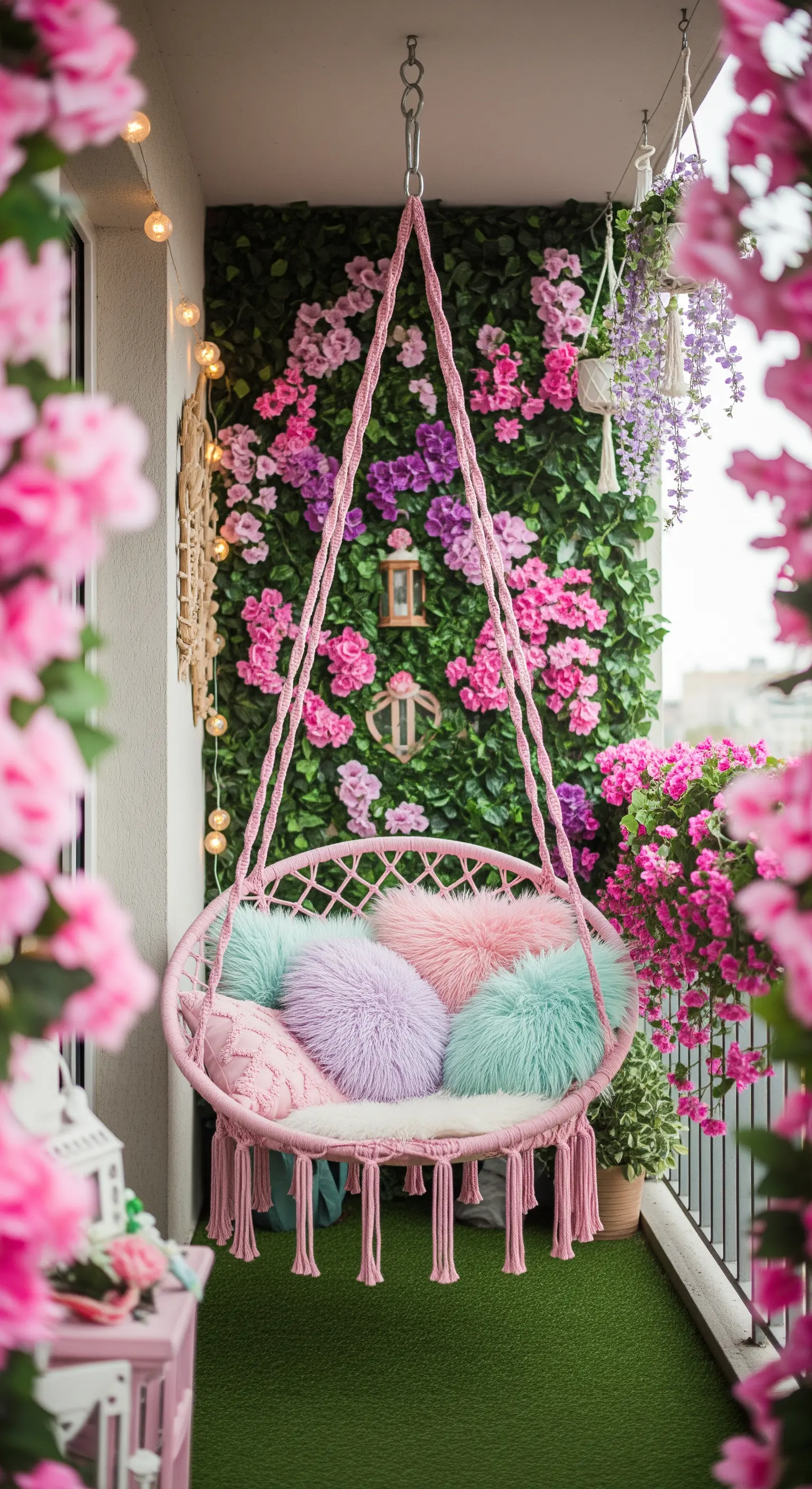 Amaca sospesa rosa con cuscini pelosi color pastello di fronte a una parete di fiori rosa e viola.