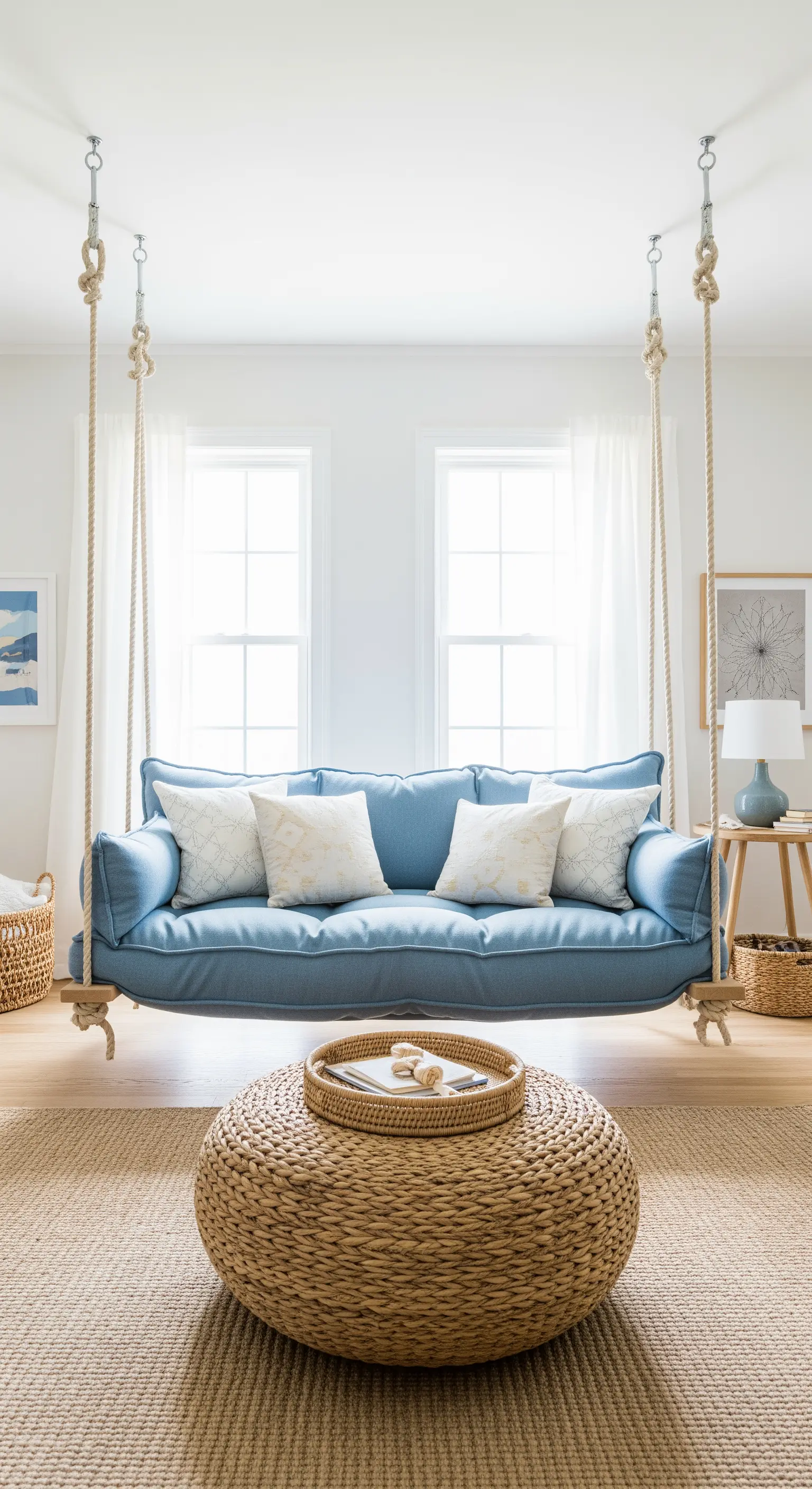 Divano sospeso azzurro con cuscini morbidi e un pouf in vimini come tavolino.