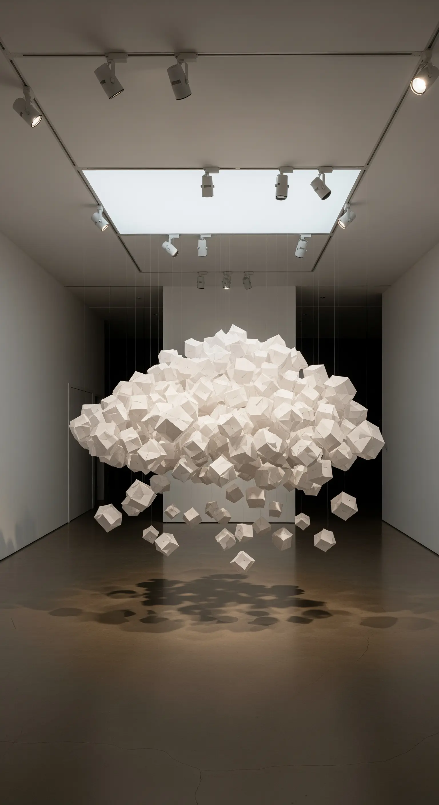 Grande installazione a forma di nuvola composta da centinaia di cubi di carta bianchi.