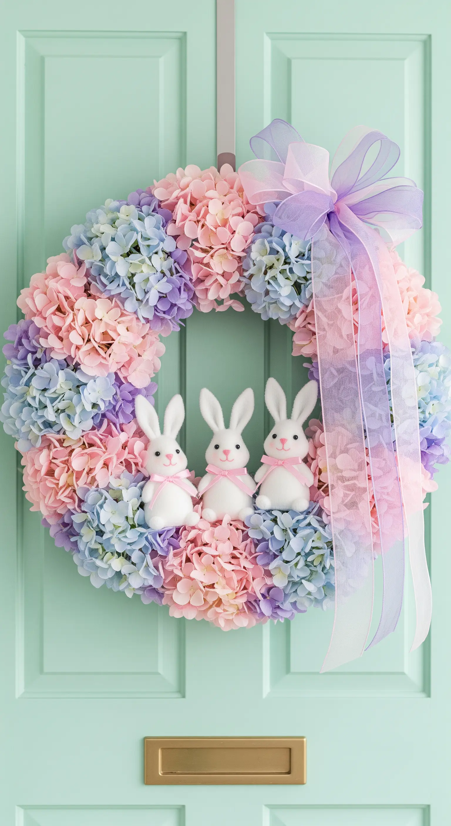 Ghirlanda di ortensie pastello rosa, blu e viola con tre coniglietti bianchi.