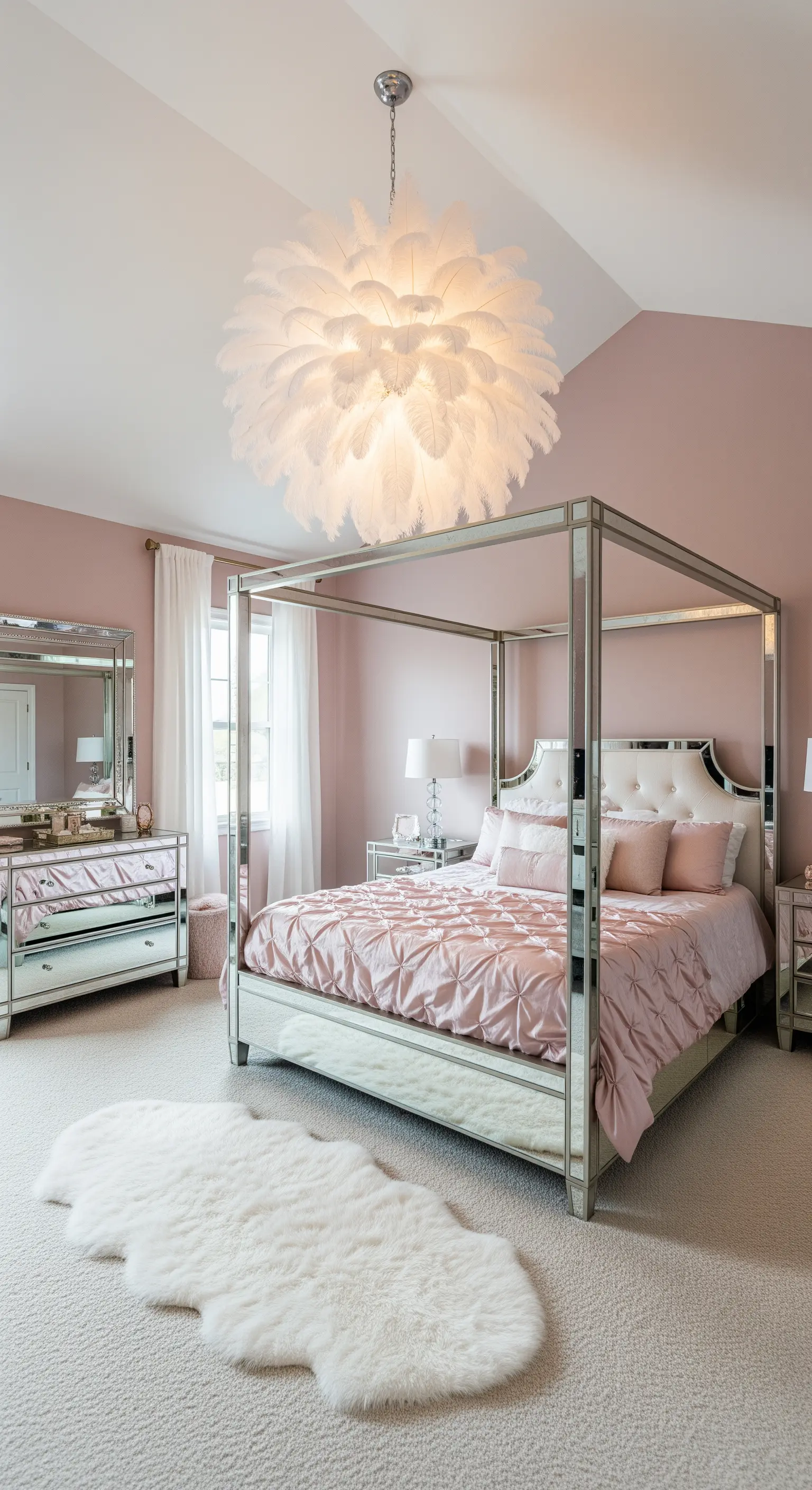 Grande lampadario di piume bianche in una camera da letto rosa con mobili a specchio.