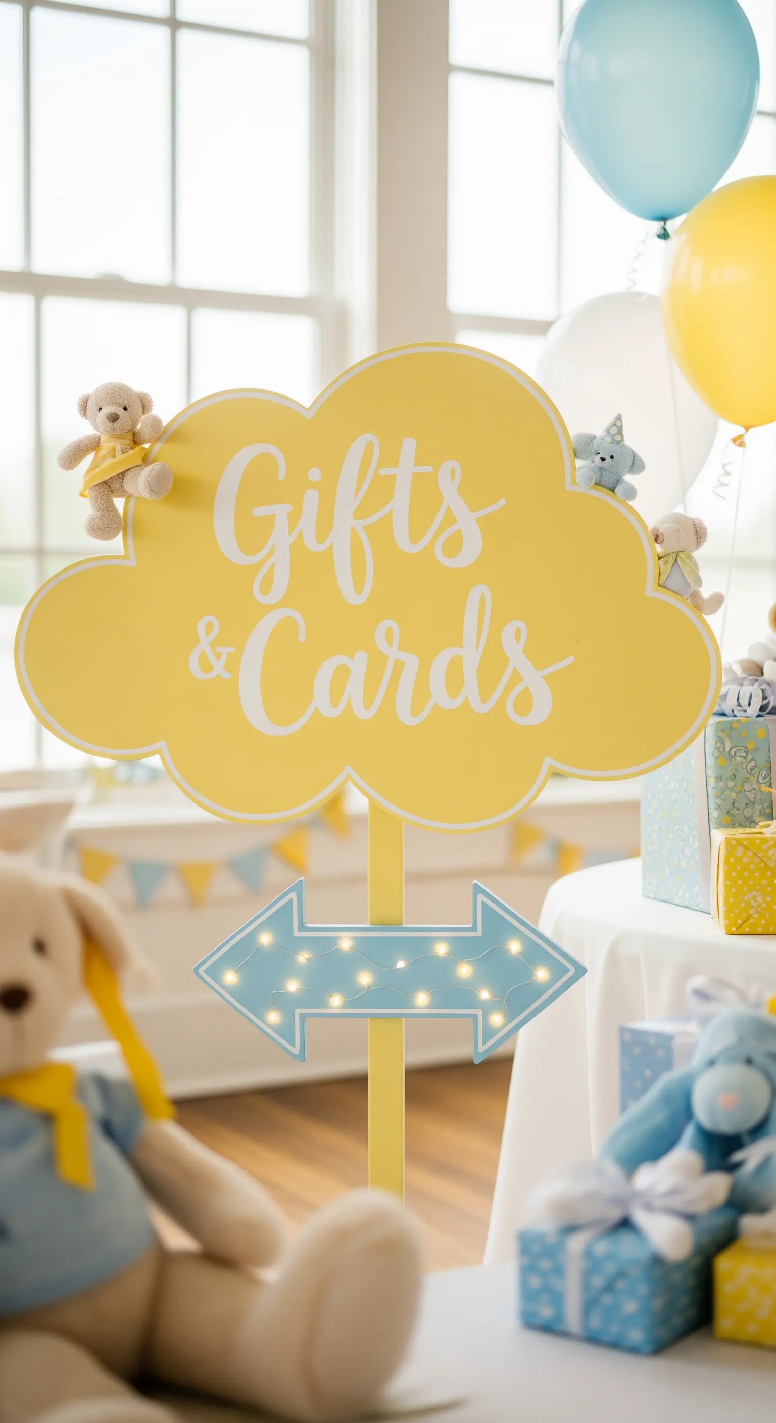Cartello a forma di nuvola gialla e freccia azzurra luminosa per l'area regali di un baby shower.